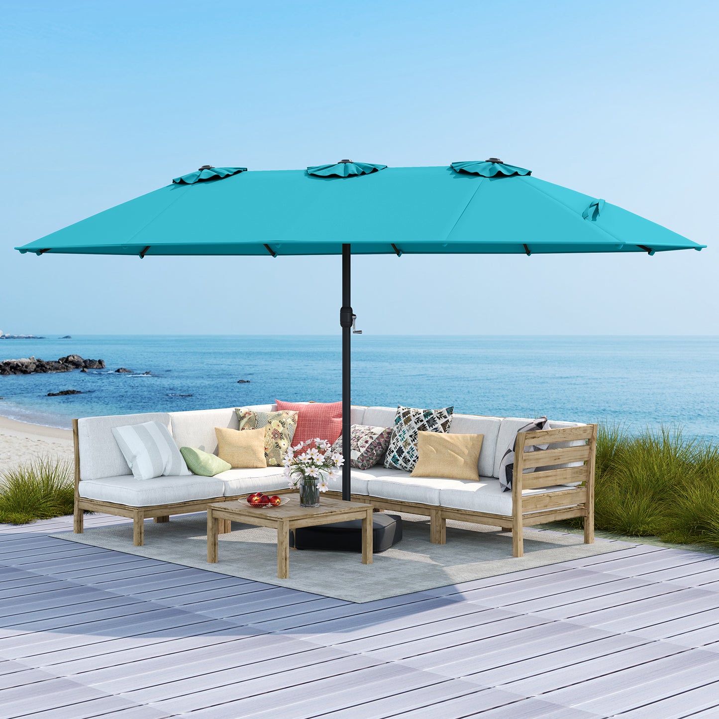 15 Feet Double-Sided Twin Patio Umbrella with Crank and Base Coffee in Outdoor Market, Turquoise Outdoor Umbrellas at Gallery Canada