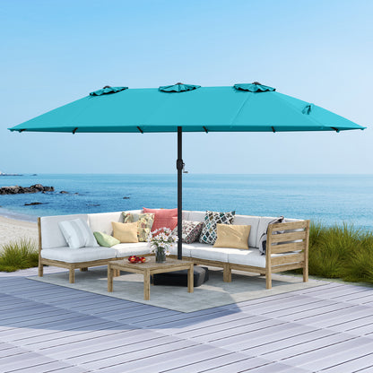 15 Feet Double-Sided Twin Patio Umbrella with Crank and Base Coffee in Outdoor Market, Turquoise Outdoor Umbrellas at Gallery Canada
