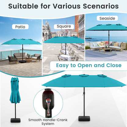 15 Feet Double-Sided Twin Patio Umbrella with Crank and Base Coffee in Outdoor Market, Turquoise Outdoor Umbrellas at Gallery Canada