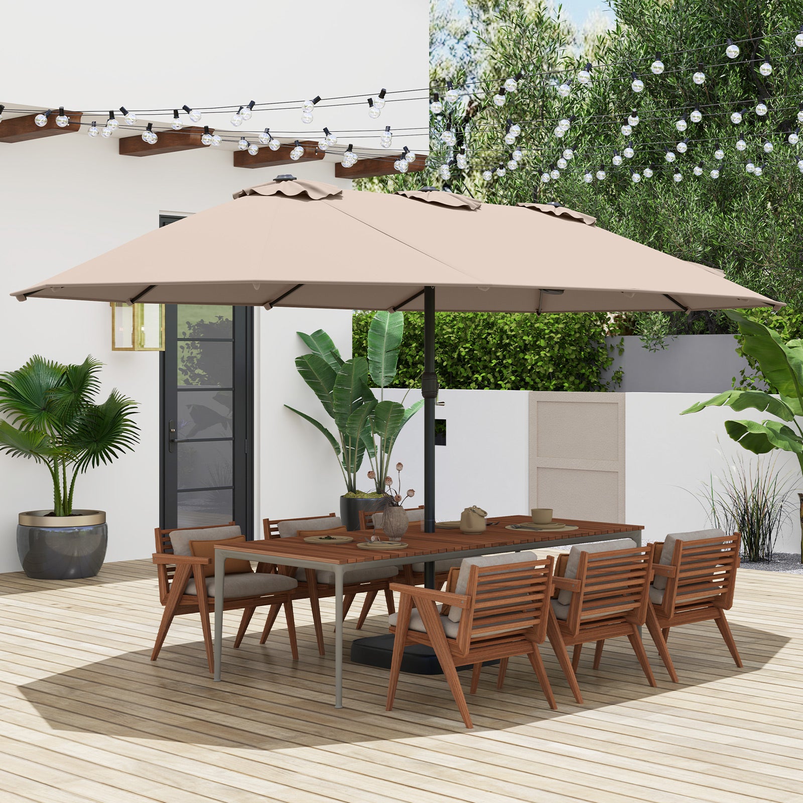 15 Feet Double-Sided Twin Patio Umbrella with Crank and Base Coffee in Outdoor Market, Brown Outdoor Umbrellas at Gallery Canada