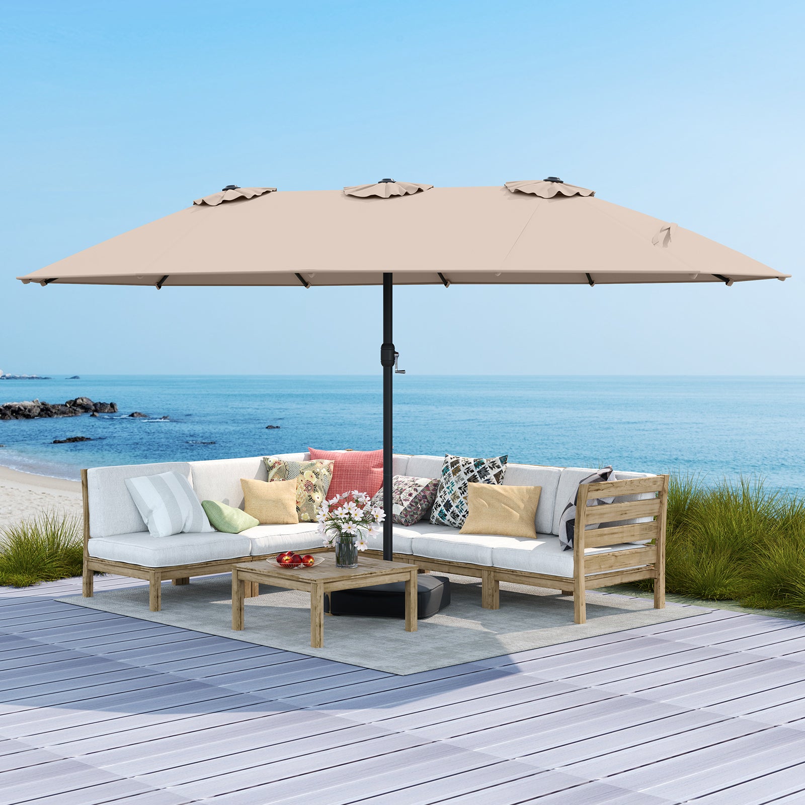 15 Feet Double-Sided Twin Patio Umbrella with Crank and Base Coffee in Outdoor Market, Brown Outdoor Umbrellas at Gallery Canada