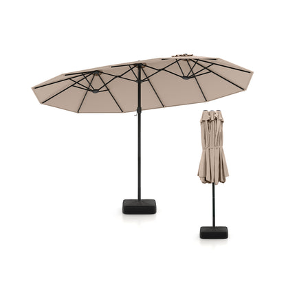 15 Feet Double-Sided Twin Patio Umbrella with Crank and Base Coffee in Outdoor Market, Brown Outdoor Umbrellas Brown at Gallery Canada