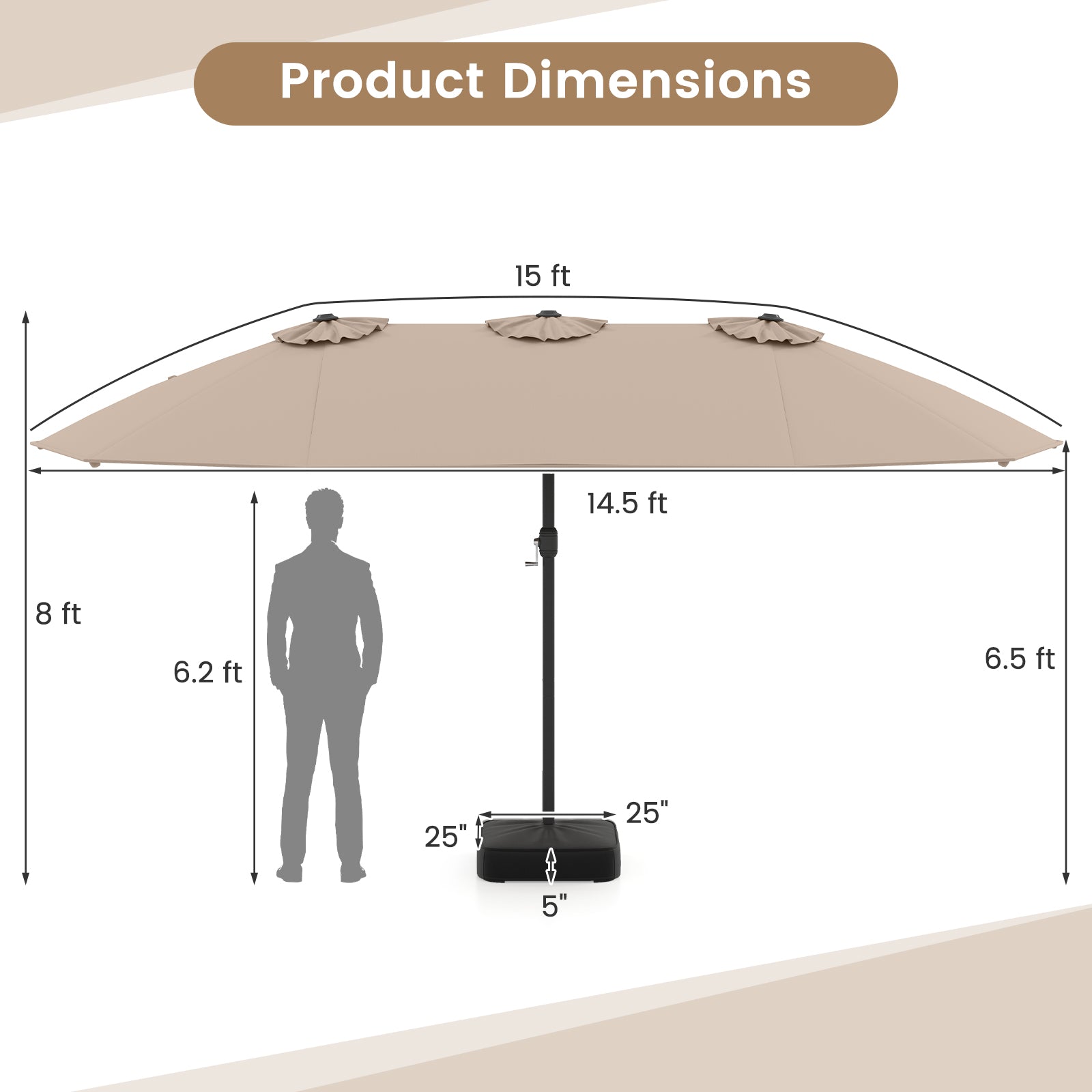 15 Feet Double-Sided Twin Patio Umbrella with Crank and Base Coffee in Outdoor Market, Brown Outdoor Umbrellas at Gallery Canada