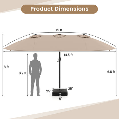 15 Feet Double-Sided Twin Patio Umbrella with Crank and Base Coffee in Outdoor Market, Brown Outdoor Umbrellas at Gallery Canada