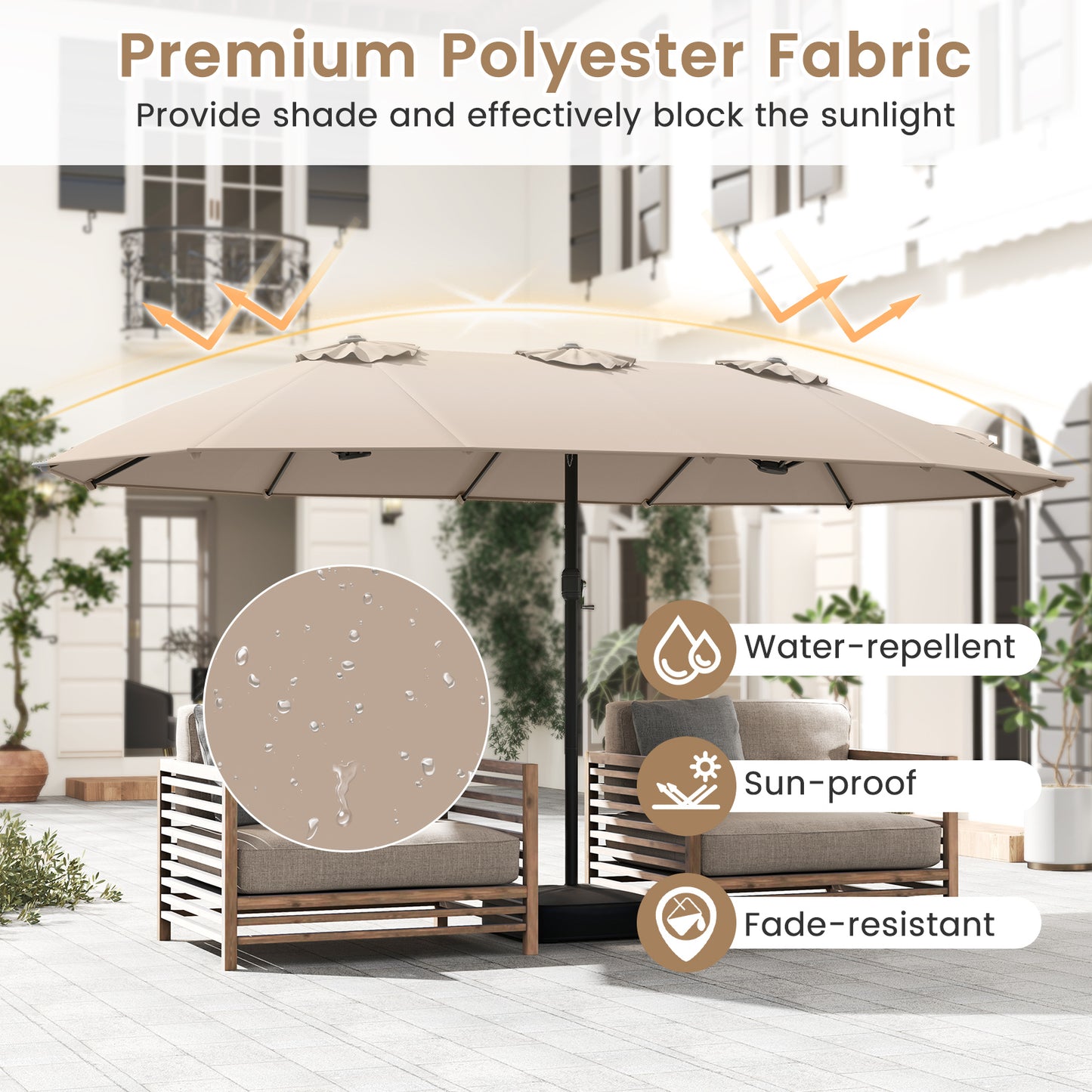 15 Feet Double-Sided Twin Patio Umbrella with Crank and Base Coffee in Outdoor Market, Brown Outdoor Umbrellas at Gallery Canada