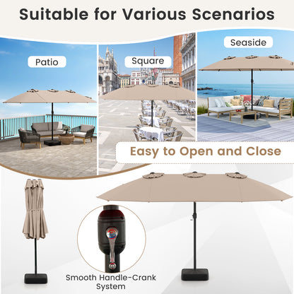15 Feet Double-Sided Twin Patio Umbrella with Crank and Base Coffee in Outdoor Market, Brown Outdoor Umbrellas at Gallery Canada