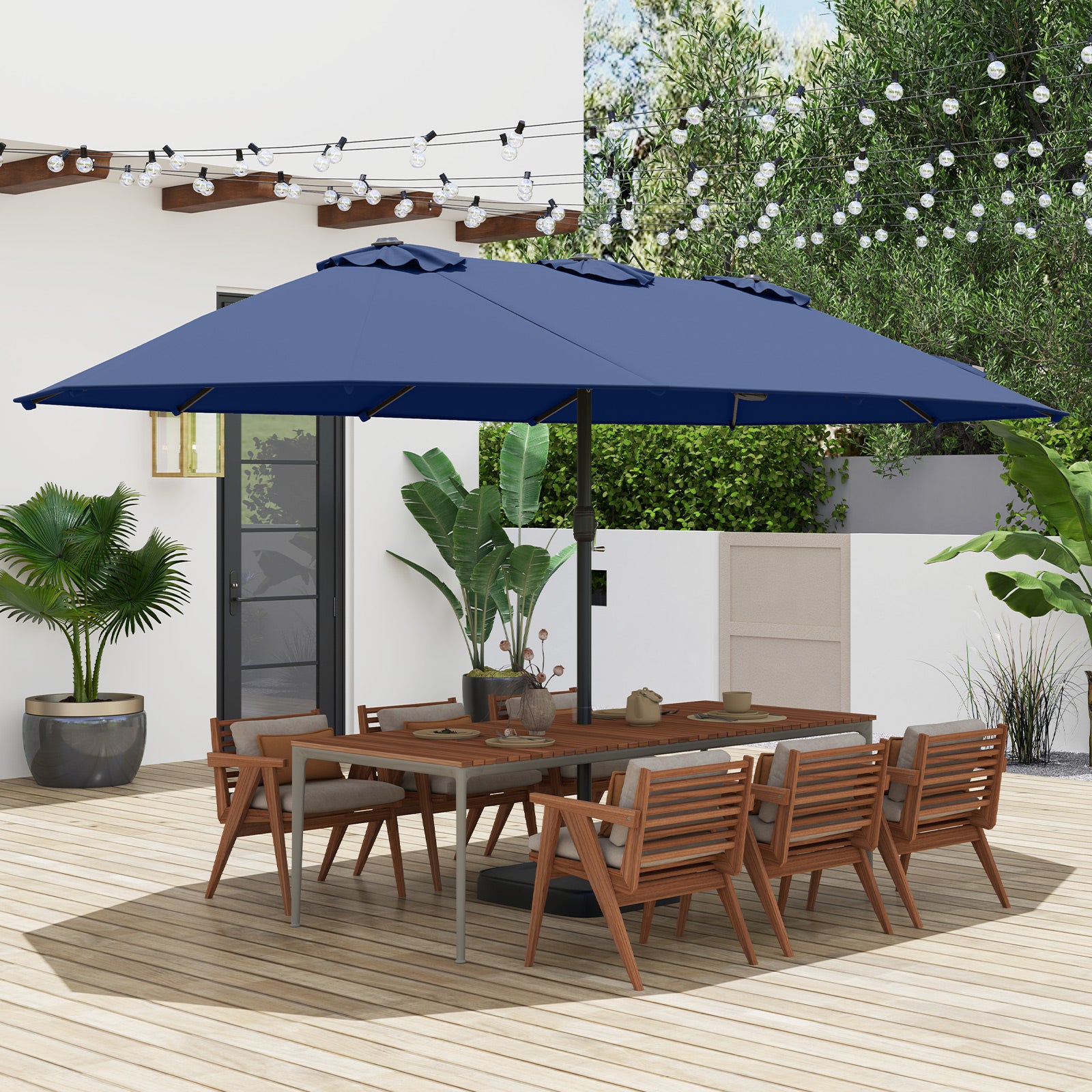 15 Feet Double-Sided Twin Patio Umbrella with Crank and Base, Navy Outdoor Umbrellas at Gallery Canada