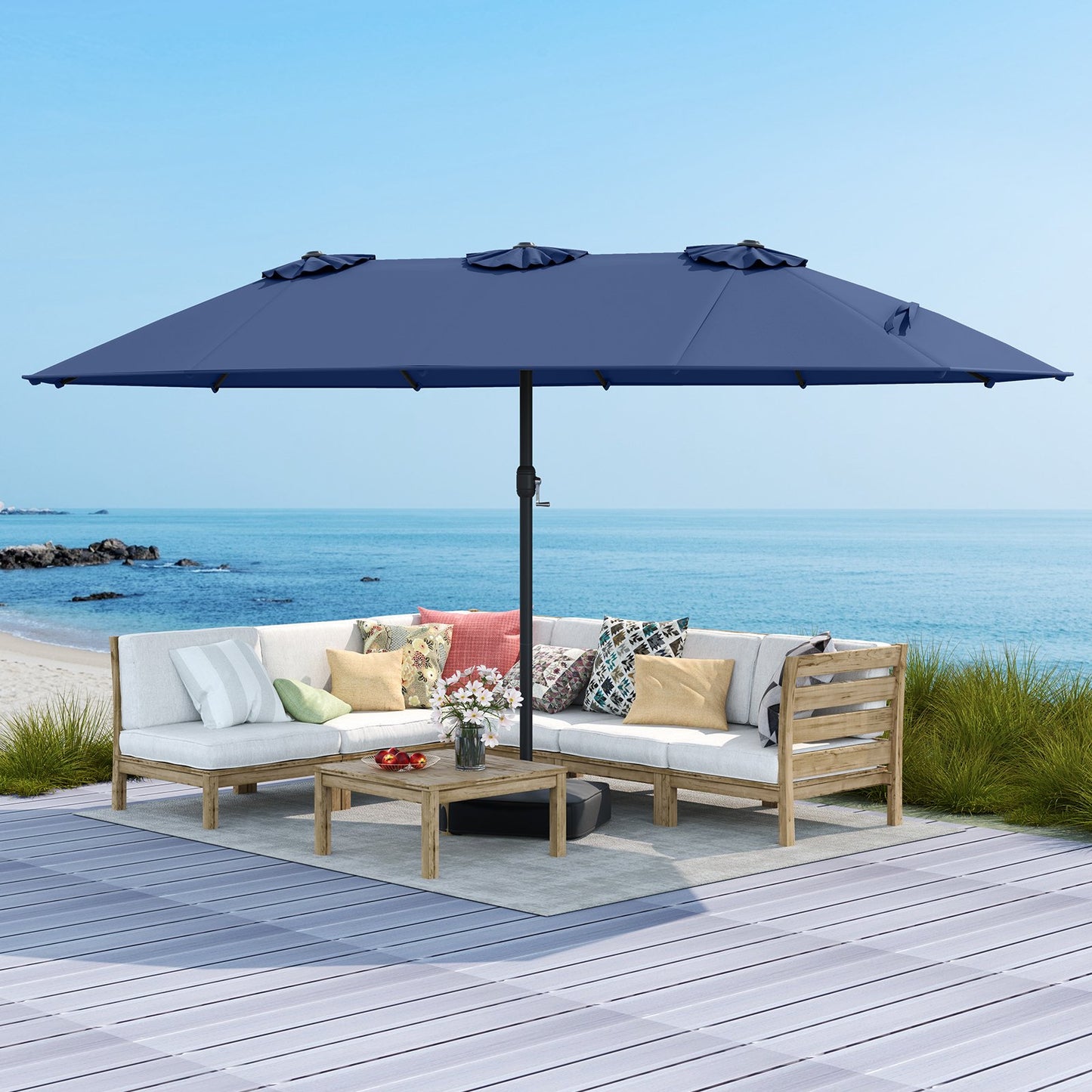 15 Feet Double-Sided Twin Patio Umbrella with Crank and Base, Navy Outdoor Umbrellas at Gallery Canada