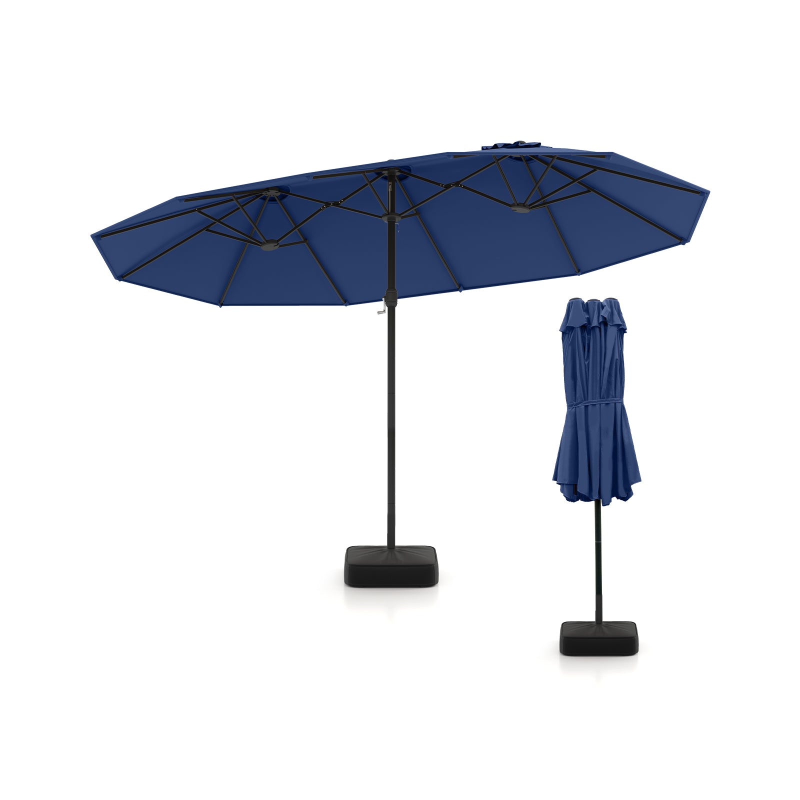 15 Feet Double-Sided Twin Patio Umbrella with Crank and Base, Navy Outdoor Umbrellas at Gallery Canada