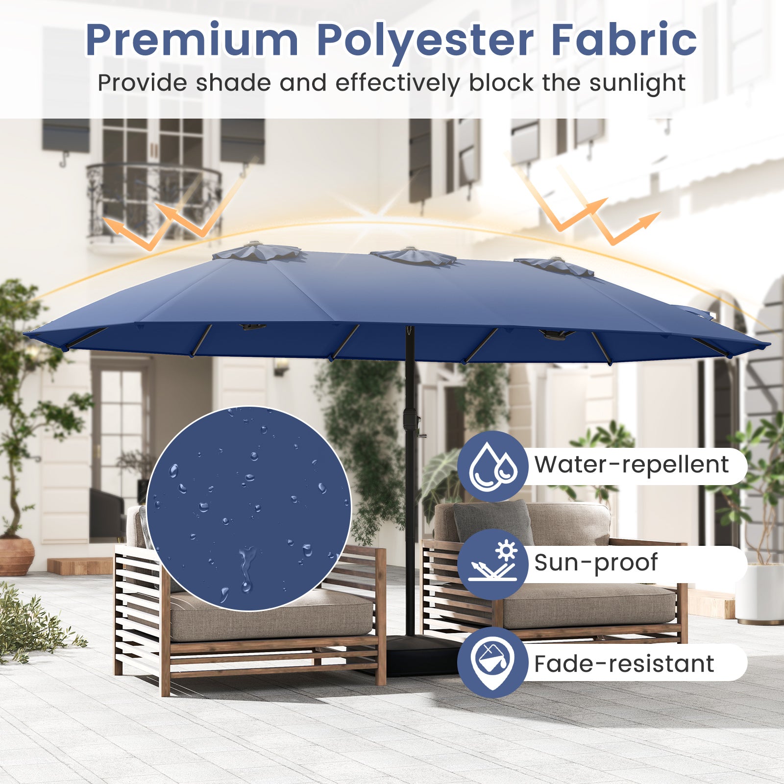 15 Feet Double-Sided Twin Patio Umbrella with Crank and Base, Navy Outdoor Umbrellas at Gallery Canada
