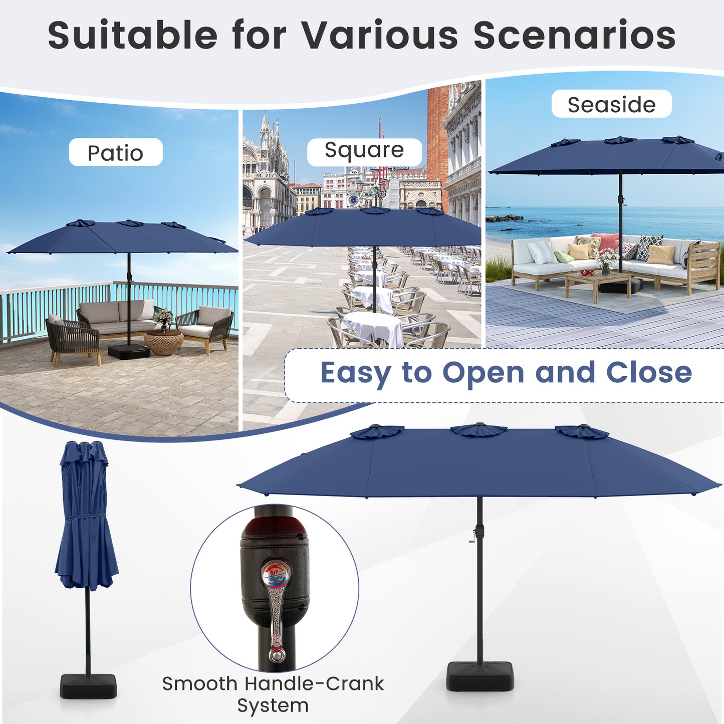 15 Feet Double-Sided Twin Patio Umbrella with Crank and Base, Navy Outdoor Umbrellas at Gallery Canada