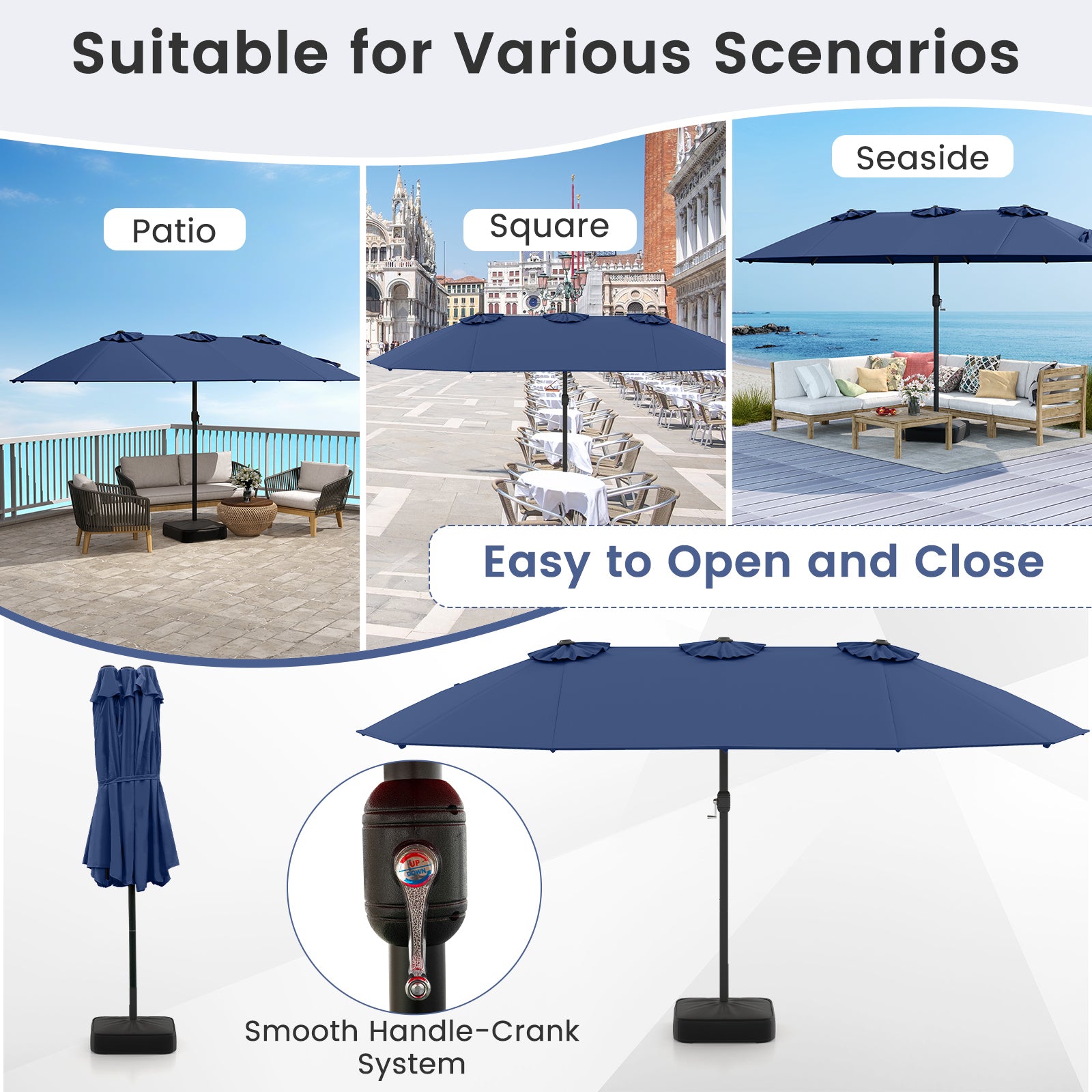 15 Feet Double-Sided Twin Patio Umbrella with Crank and Base, Navy Outdoor Umbrellas at Gallery Canada
