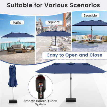 15 Feet Double-Sided Twin Patio Umbrella with Crank and Base, Navy Outdoor Umbrellas at Gallery Canada