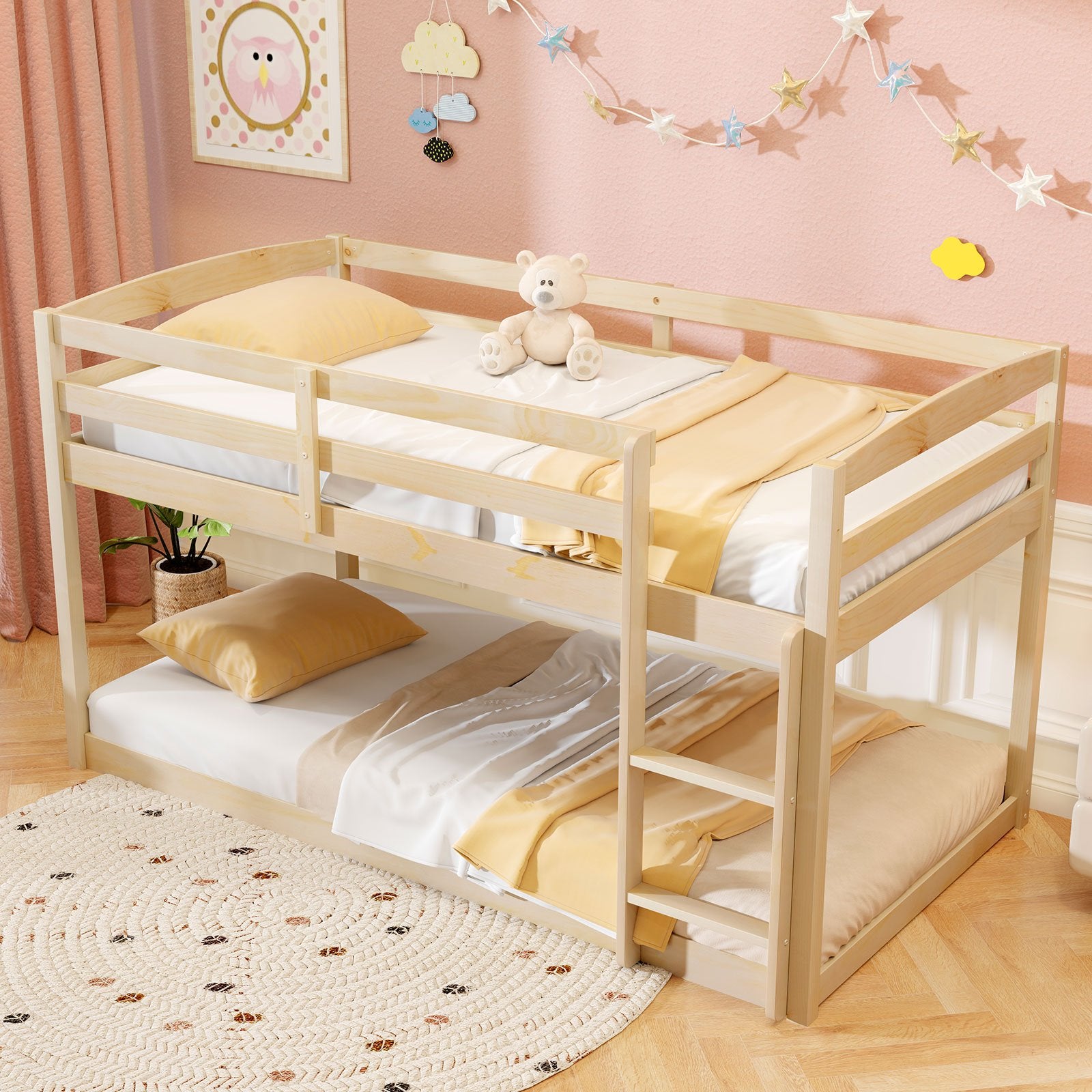 Twin Size Bunk Bed with High Guardrails and Integrated Ladder, Natural Bunk Bed Frame at Gallery Canada
