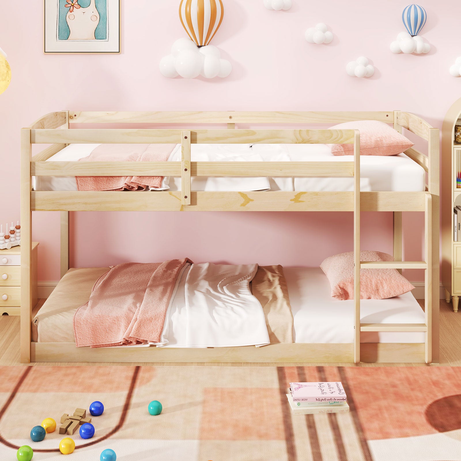 Twin Size Bunk Bed with High Guardrails and Integrated Ladder, Natural Bunk Bed Frame at Gallery Canada