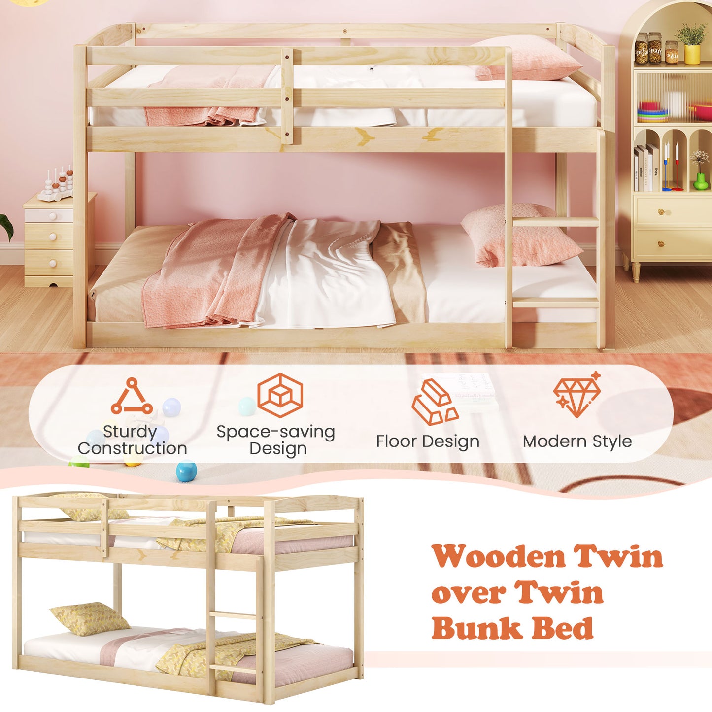 Twin Size Bunk Bed with High Guardrails and Integrated Ladder, Natural Bunk Bed Frame at Gallery Canada