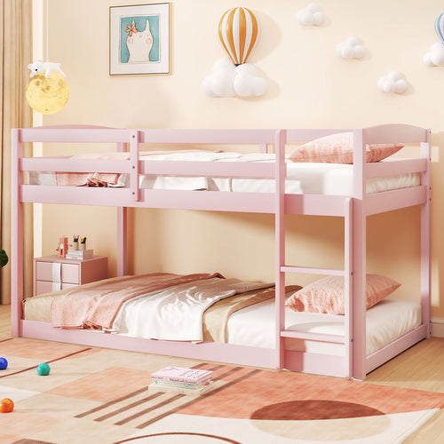 Twin Size Bunk Bed with High Guardrails and Integrated Ladder, Pink
