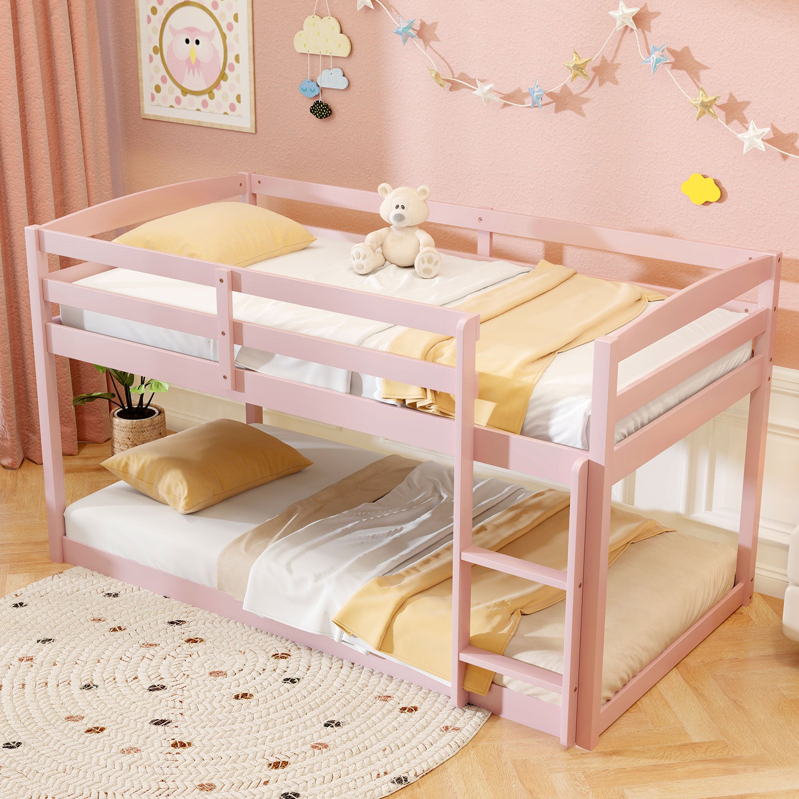 Twin Size Bunk Bed with High Guardrails and Integrated Ladder, Pink Bunk Bed Frame at Gallery Canada