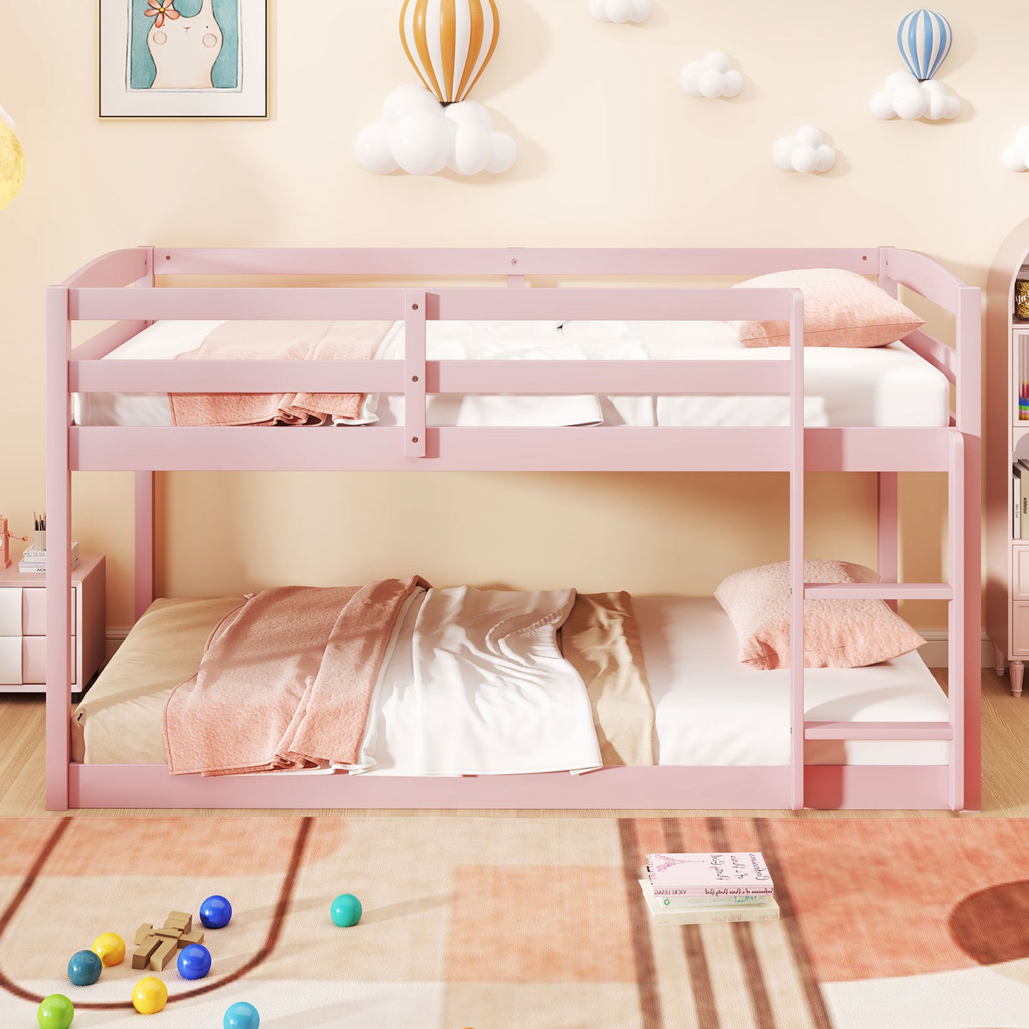 Twin Size Bunk Bed with High Guardrails and Integrated Ladder, Pink Bunk Bed Frame at Gallery Canada