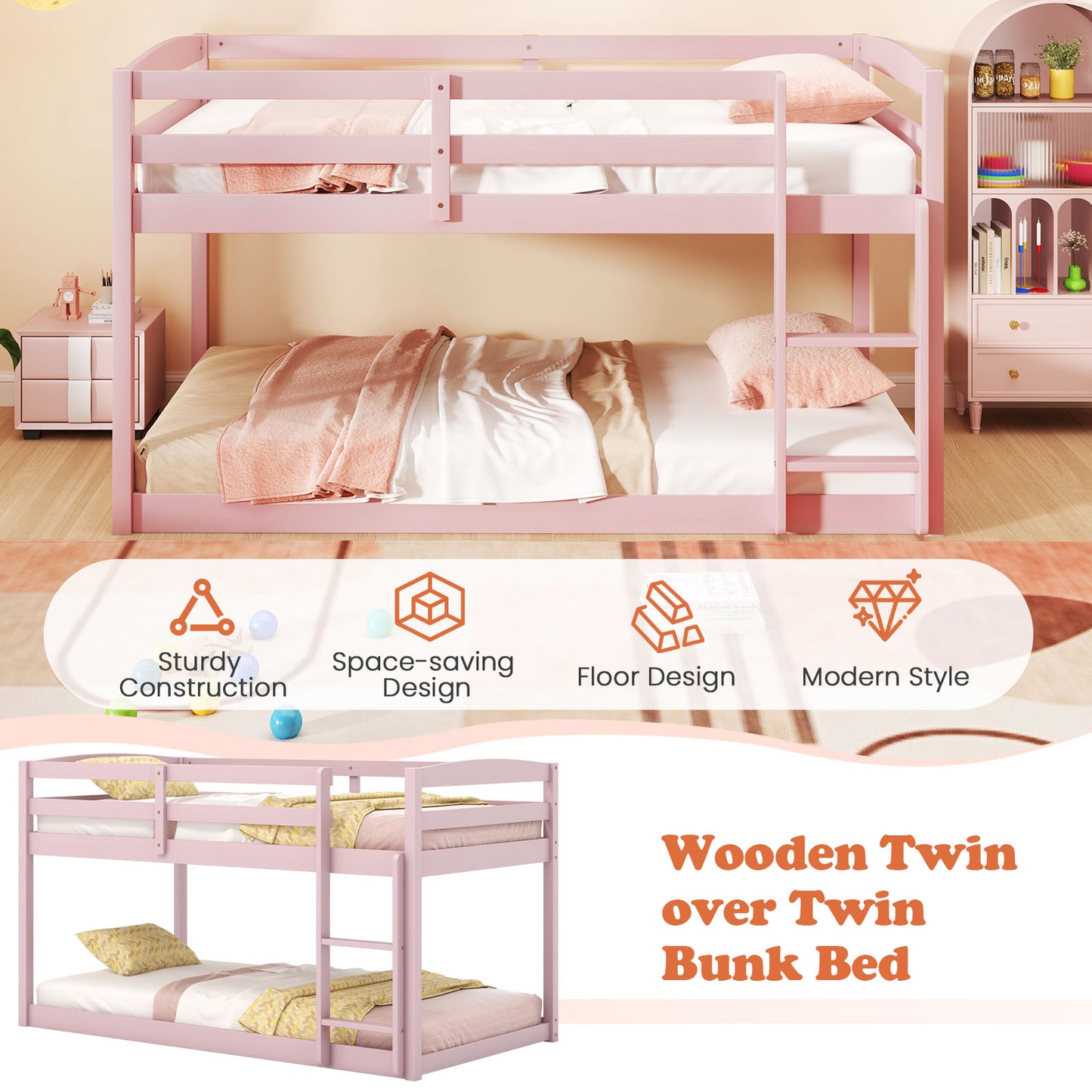 Twin Size Bunk Bed with High Guardrails and Integrated Ladder, Pink Bunk Bed Frame at Gallery Canada
