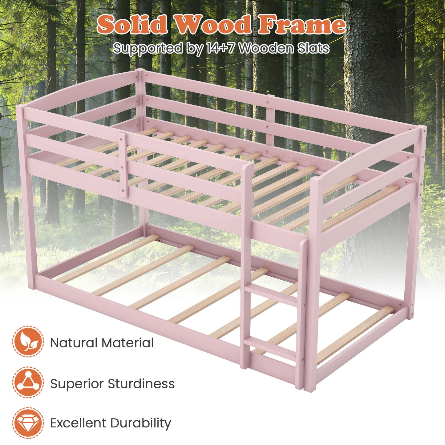 Twin Size Bunk Bed with High Guardrails and Integrated Ladder, Pink Bunk Bed Frame at Gallery Canada
