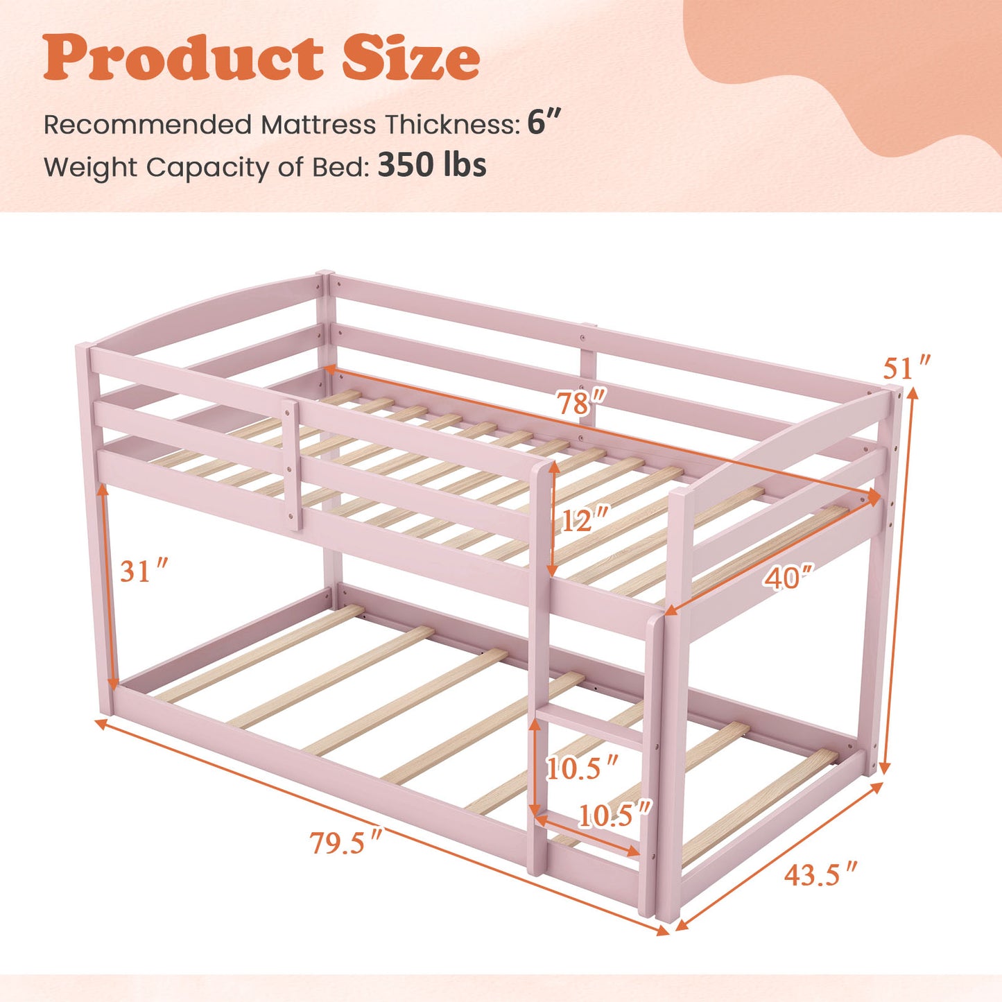 Twin Size Bunk Bed with High Guardrails and Integrated Ladder, Pink Bunk Bed Frame at Gallery Canada
