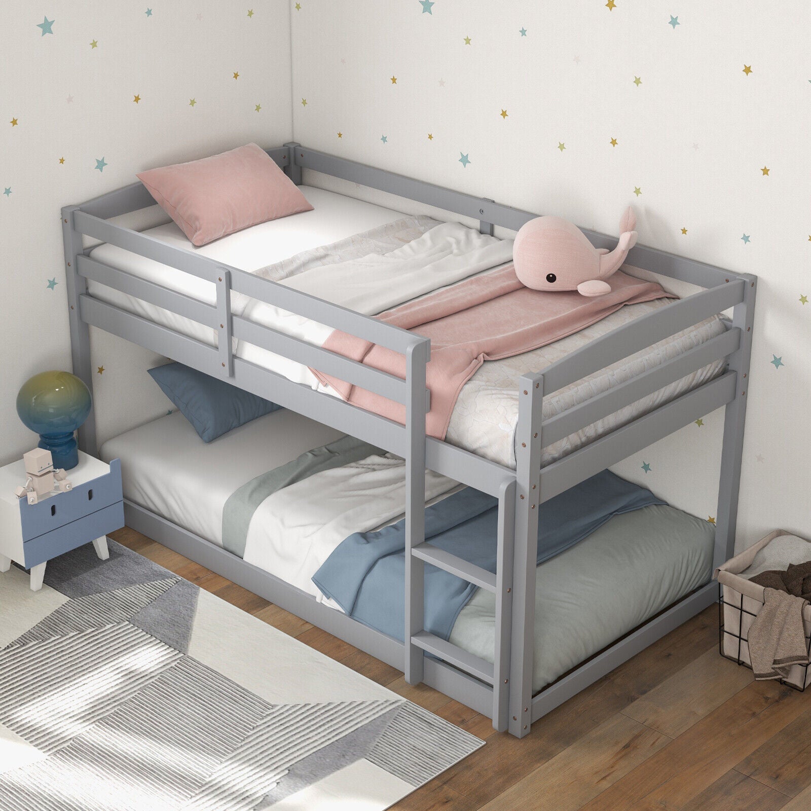 Twin Size Bunk Bed with High Guardrails and Integrated Ladder, Gray Bunk Bed Frame at Gallery Canada