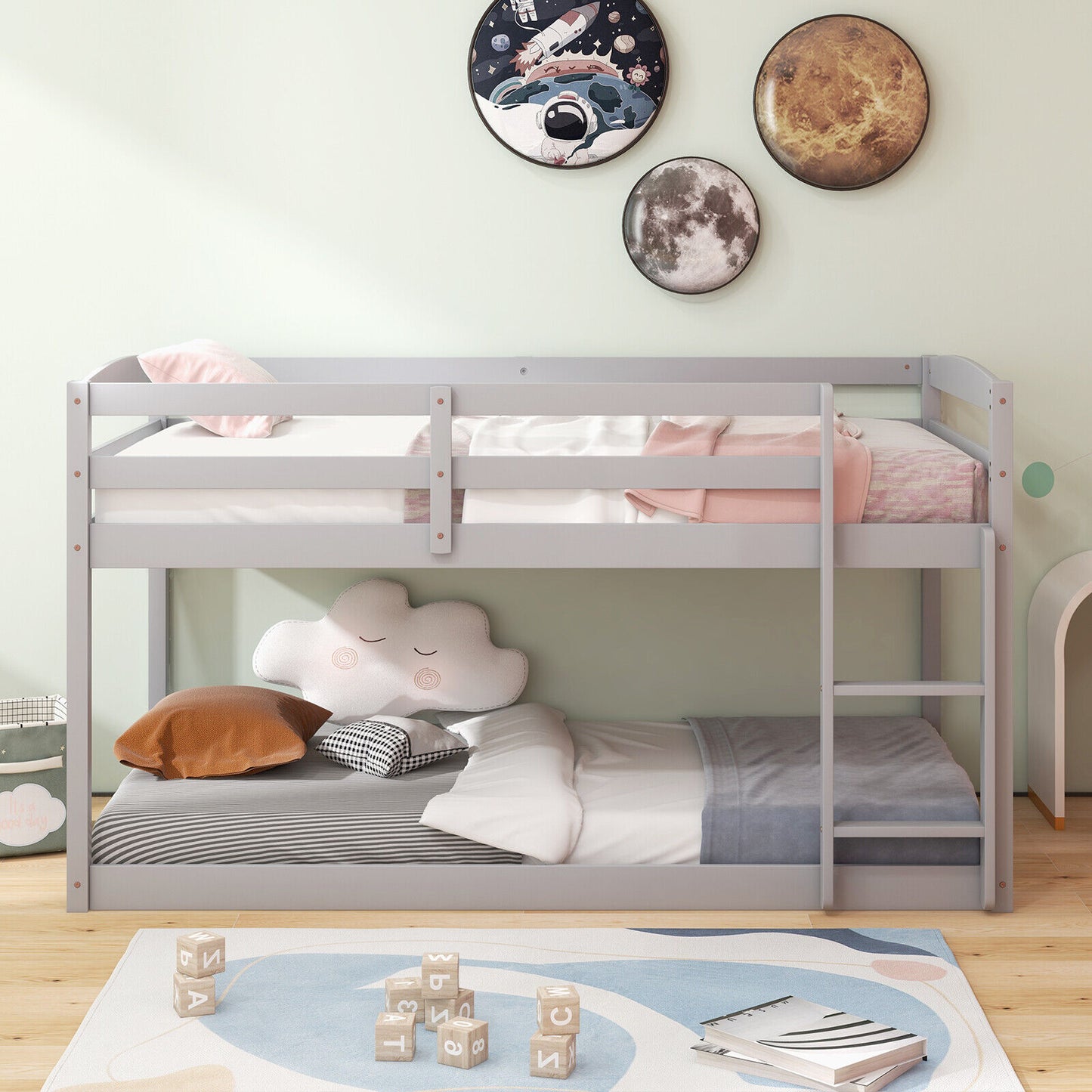 Twin Size Bunk Bed with High Guardrails and Integrated Ladder, Gray Bunk Bed Frame at Gallery Canada