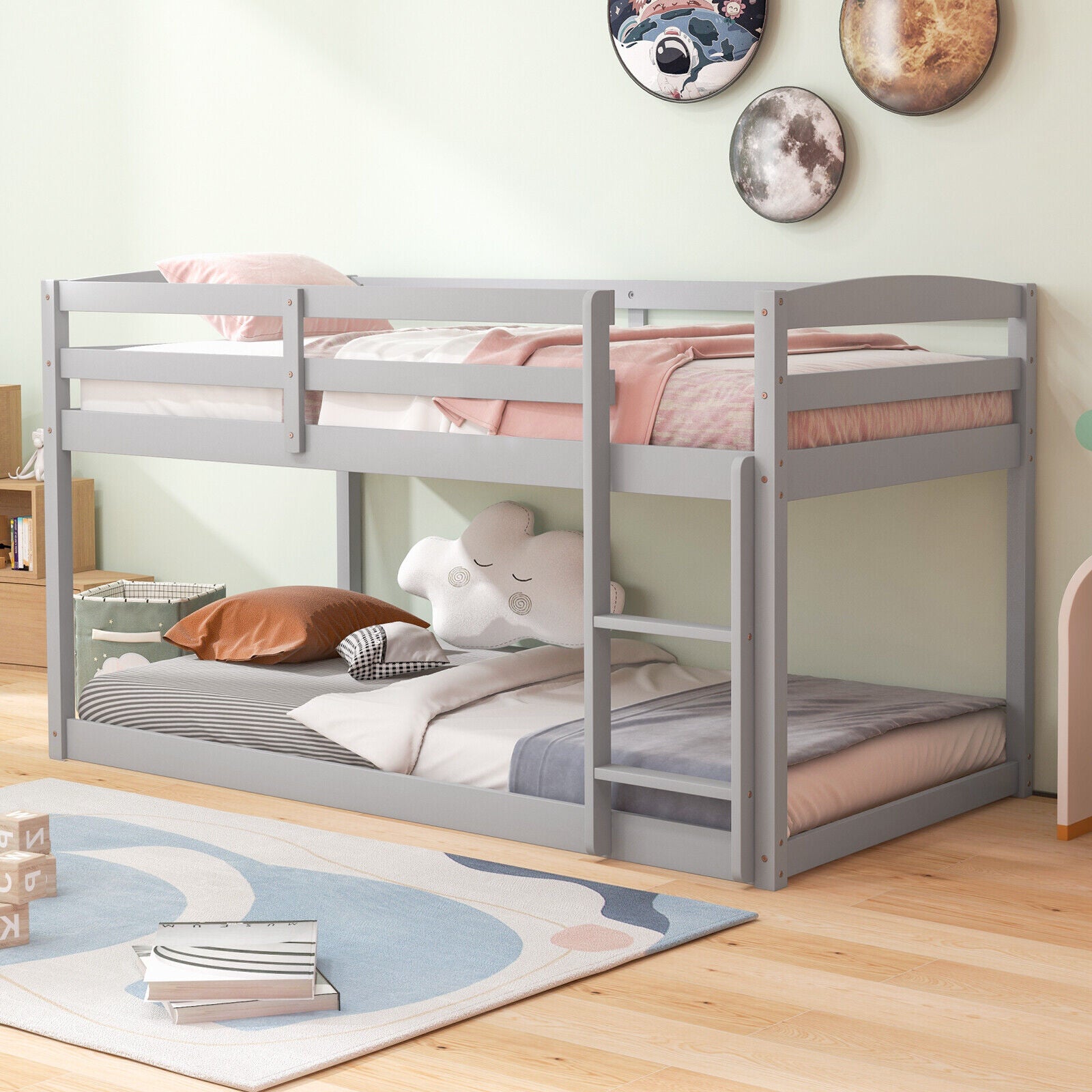 Twin Size Bunk Bed with High Guardrails and Integrated Ladder, Gray Bunk Bed Frame at Gallery Canada