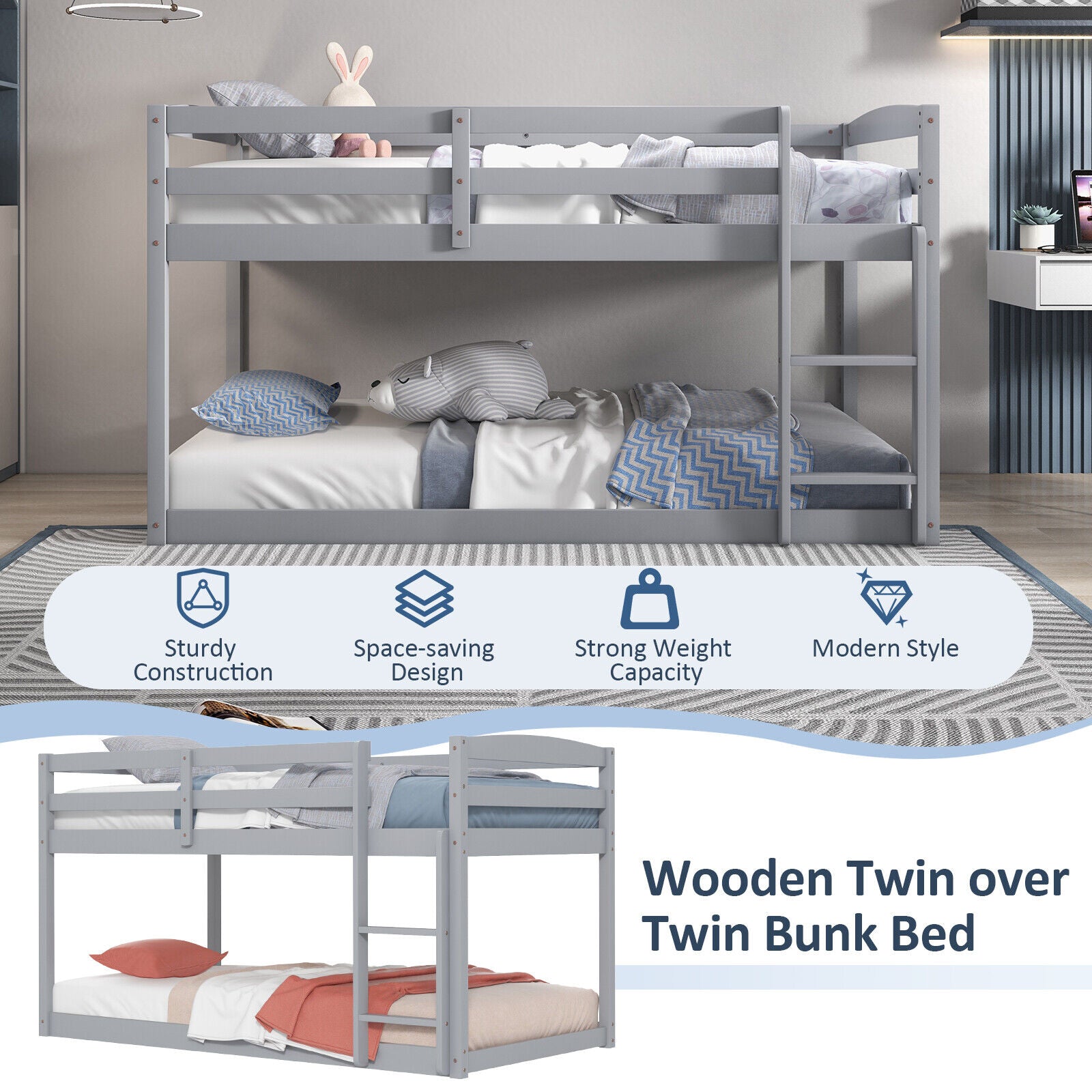 Twin Size Bunk Bed with High Guardrails and Integrated Ladder, Gray Bunk Bed Frame at Gallery Canada