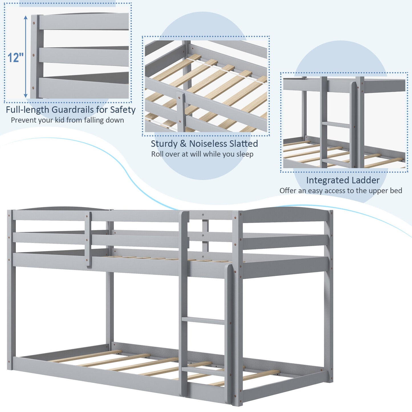 Twin Size Bunk Bed with High Guardrails and Integrated Ladder, Gray Bunk Bed Frame at Gallery Canada