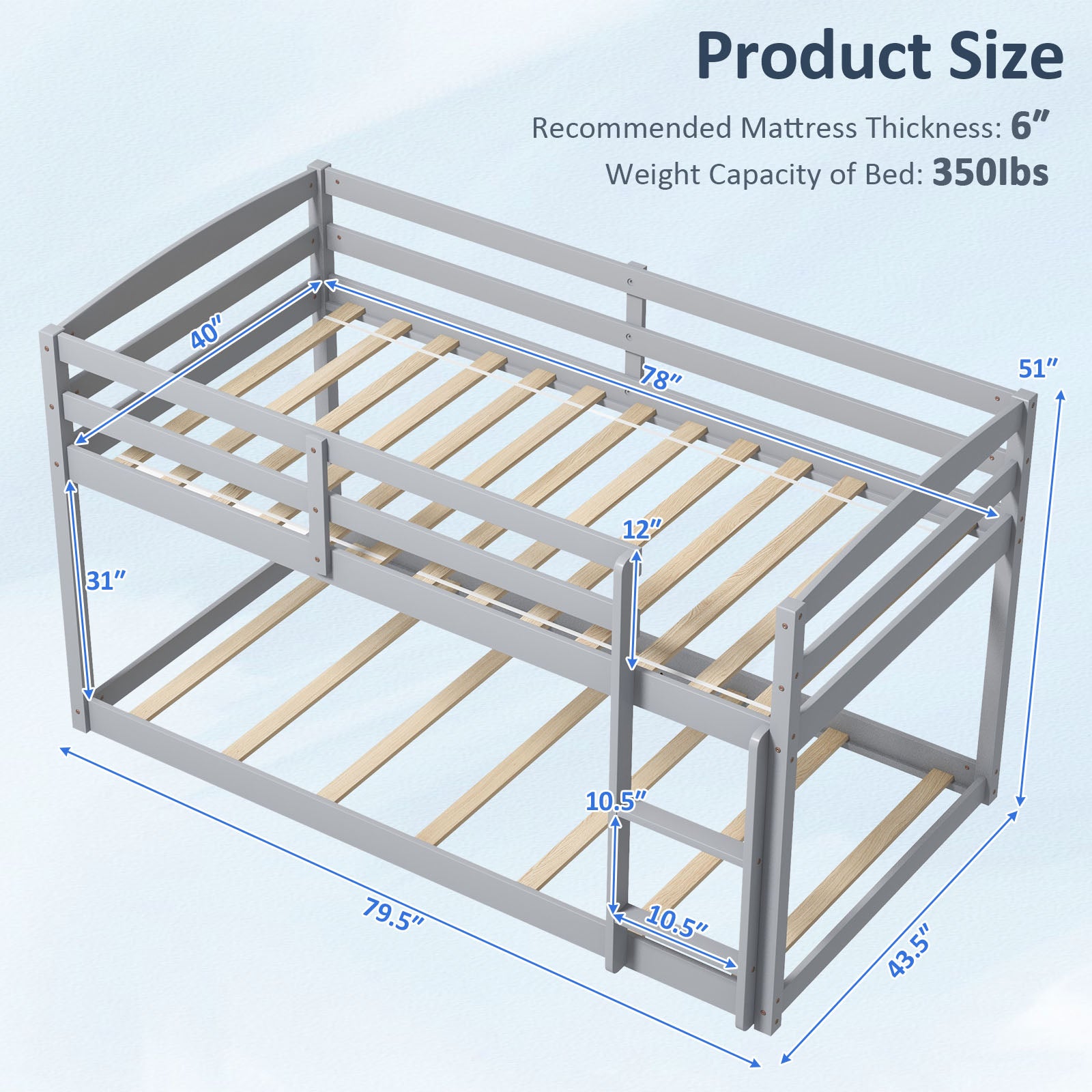 Twin Size Bunk Bed with High Guardrails and Integrated Ladder, Gray Bunk Bed Frame at Gallery Canada