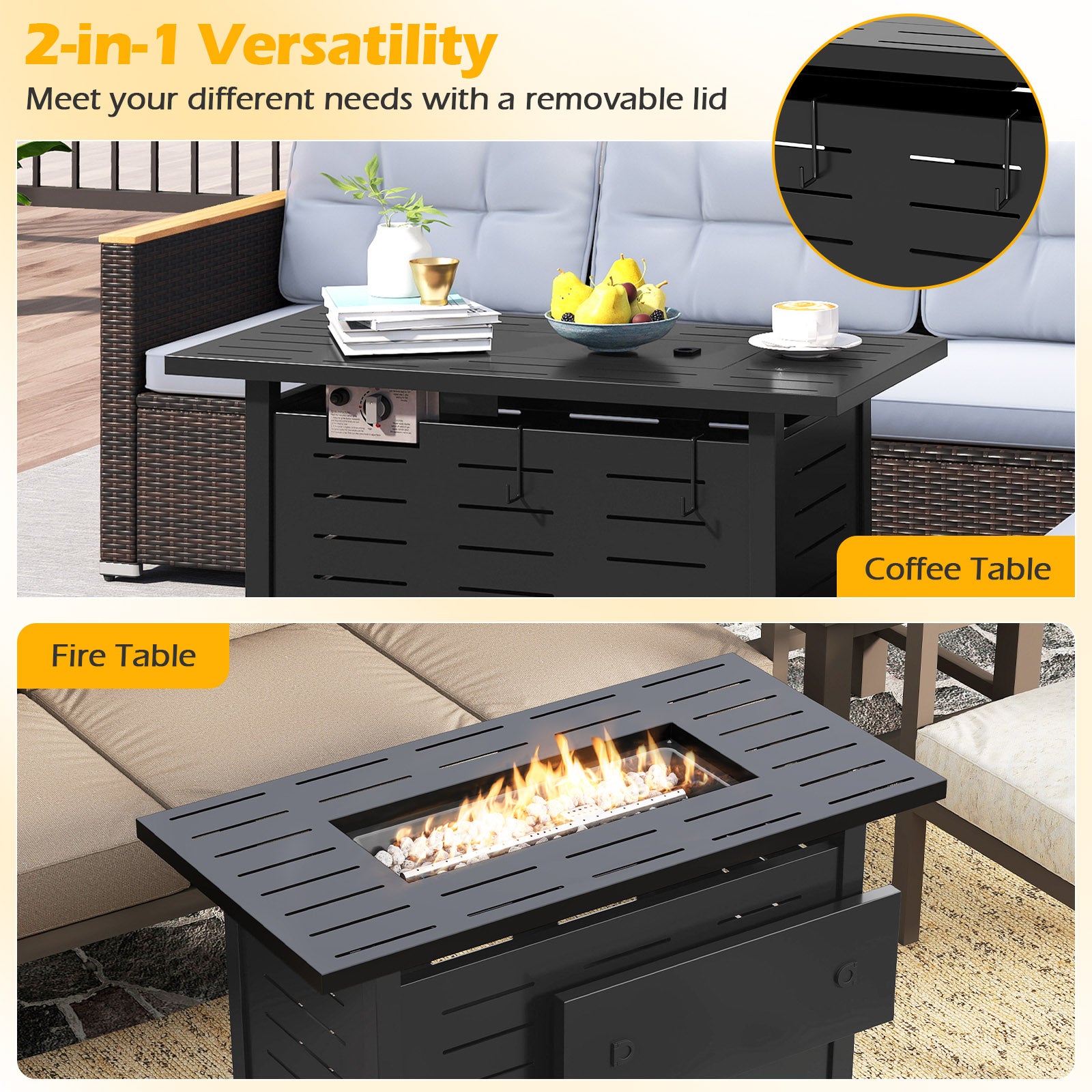 40 Inch Outdoor Propane Fire Pit Rectangle Gas Fire Table with Lava Rocks, Black Fire Pit Tables at Gallery Canada