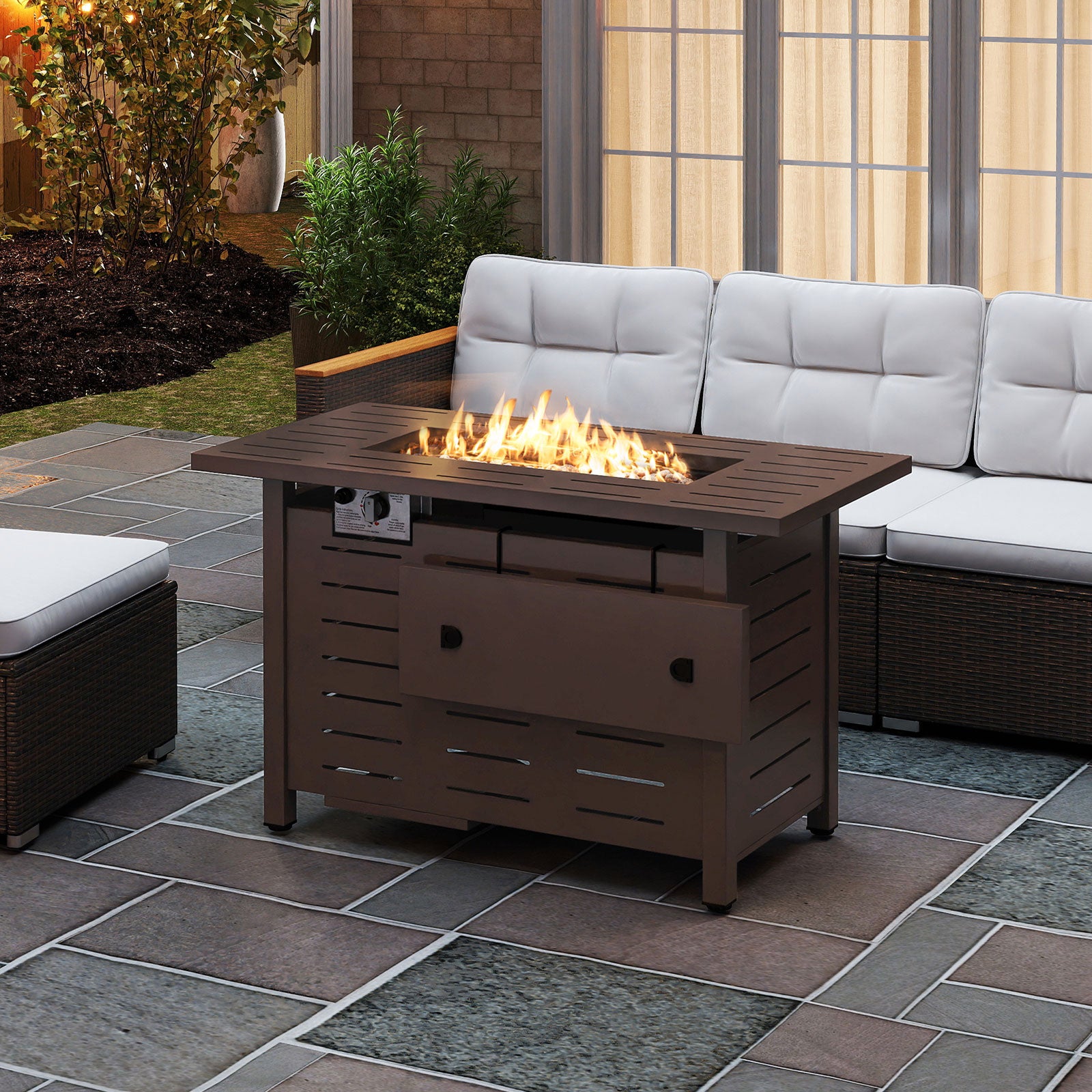 40 Inch Outdoor Propane Fire Pit Rectangle Gas Fire Table with Lava Rocks, Brown Fire Pit Tables at Gallery Canada