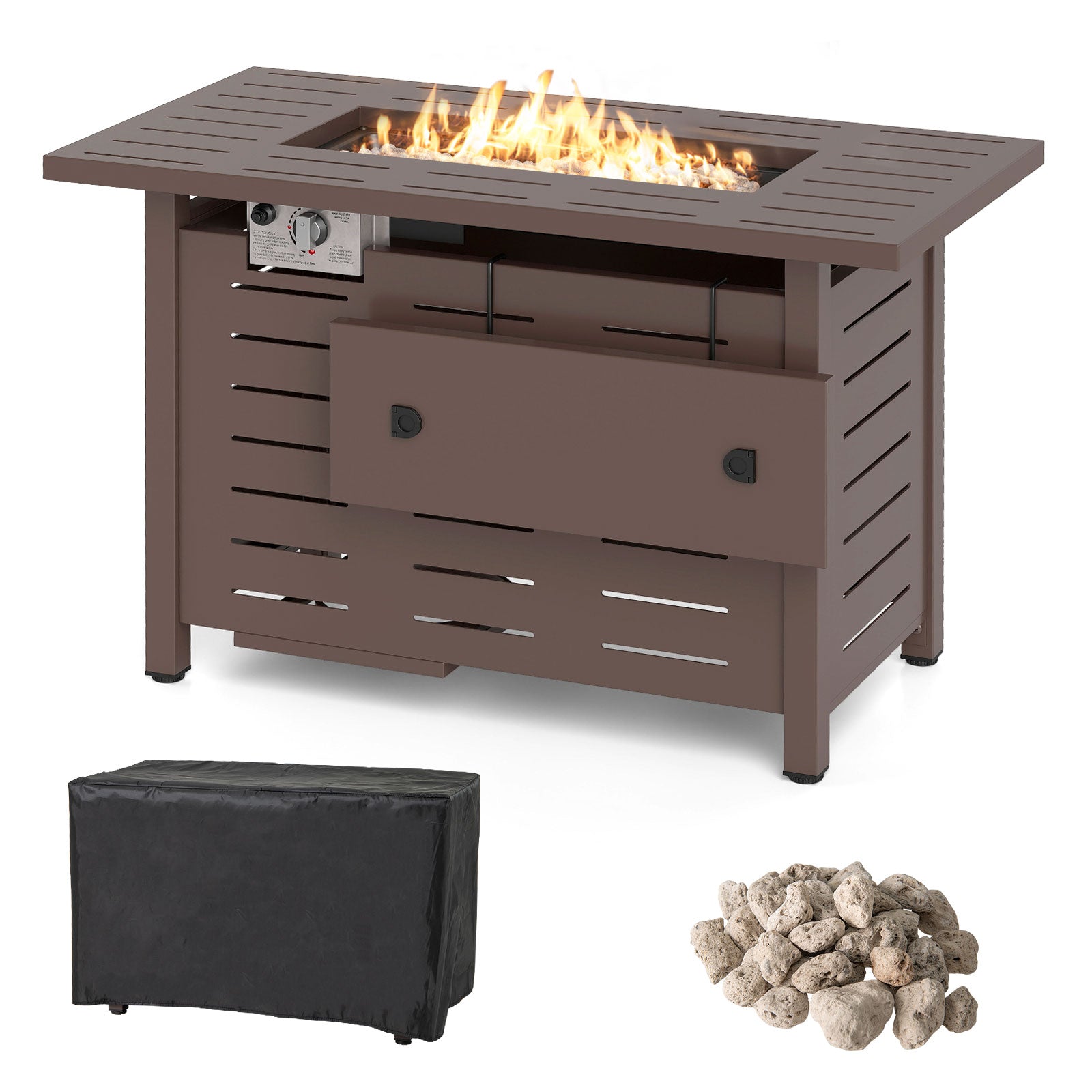 40 Inch Outdoor Propane Fire Pit Rectangle Gas Fire Table with Lava Rocks, Brown Fire Pit Tables at Gallery Canada