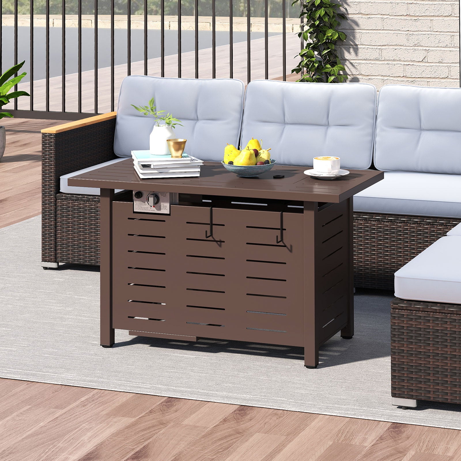 40 Inch Outdoor Propane Fire Pit Rectangle Gas Fire Table with Lava Rocks, Brown Fire Pit Tables at Gallery Canada
