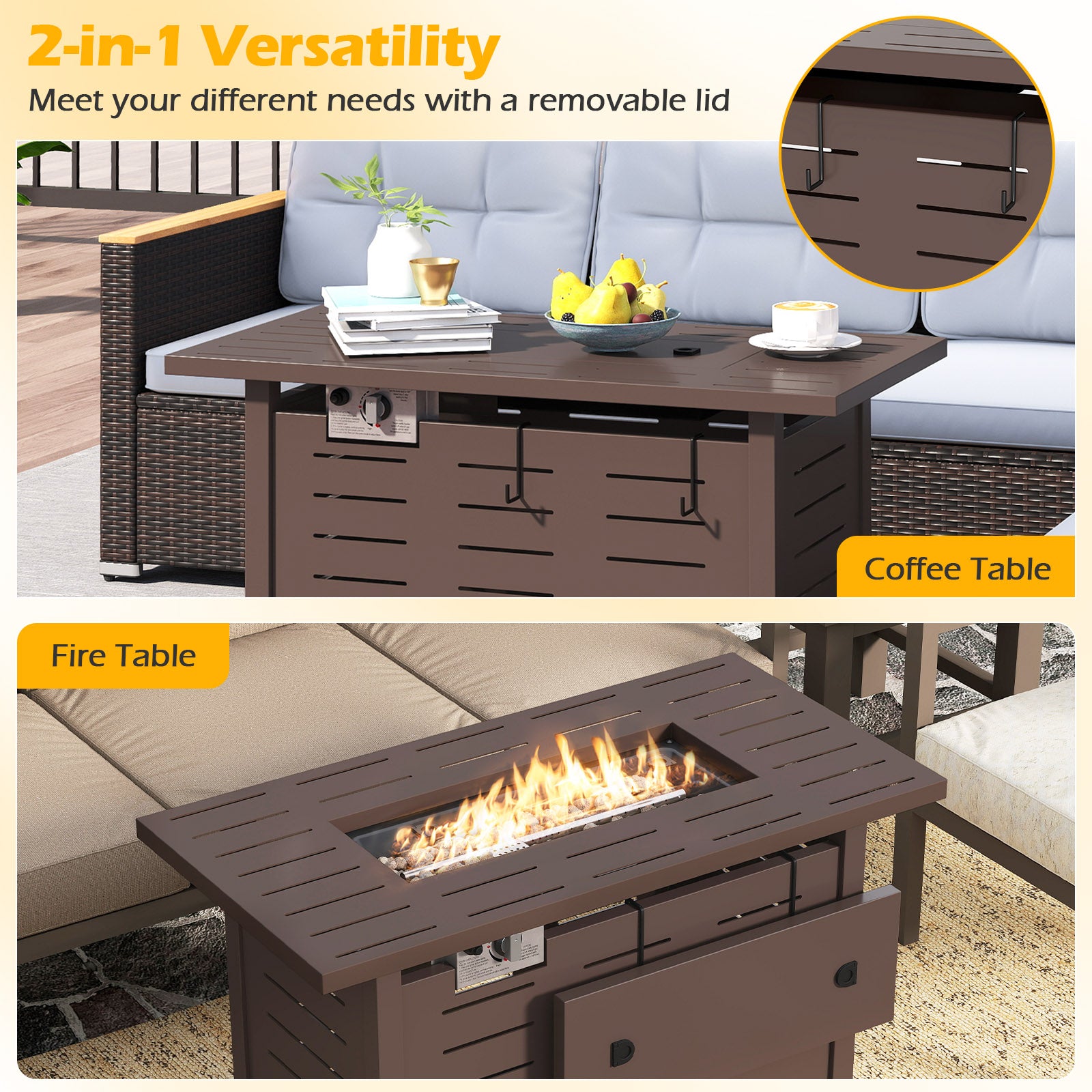 40 Inch Outdoor Propane Fire Pit Rectangle Gas Fire Table with Lava Rocks, Brown Fire Pit Tables at Gallery Canada