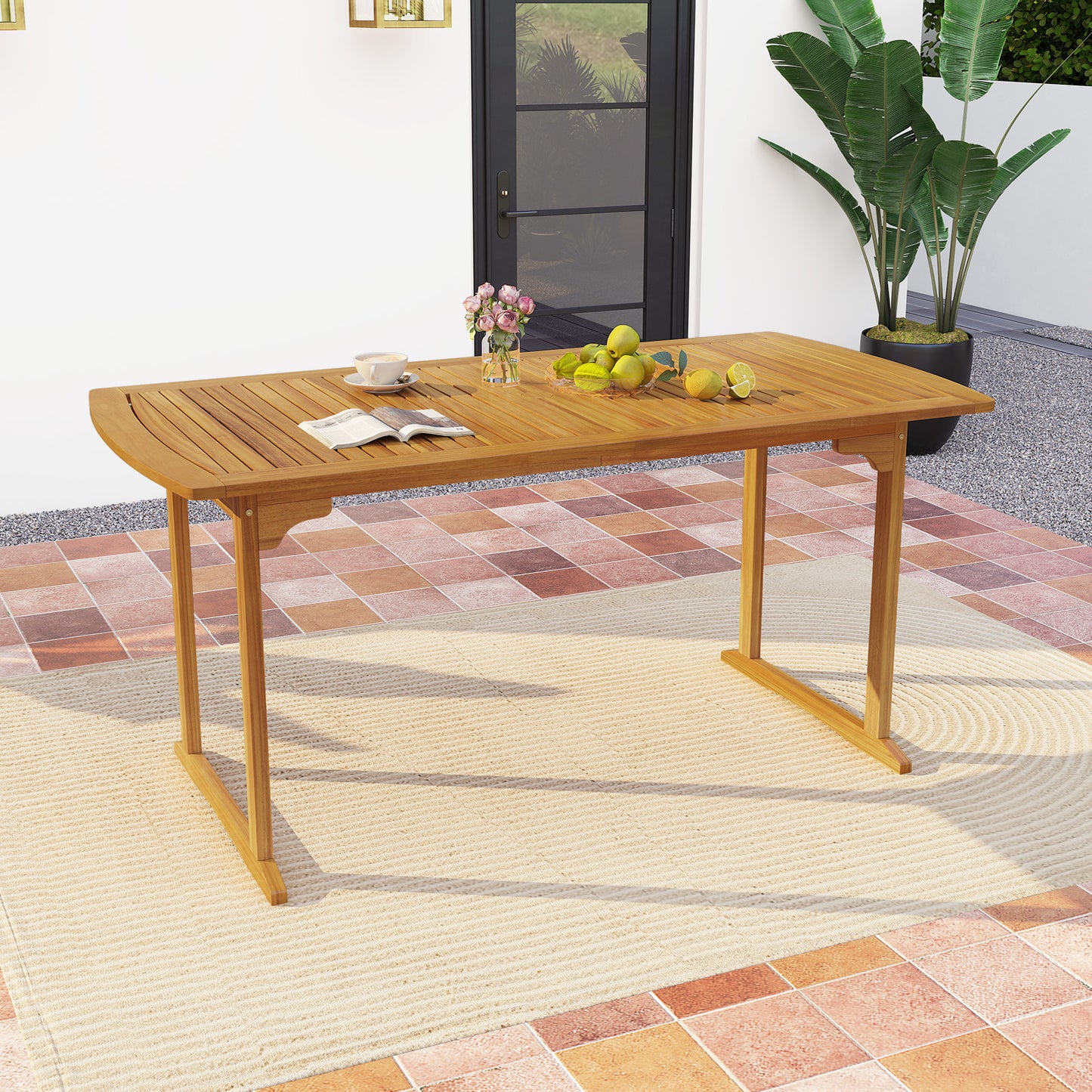 63 inch Outdoor Dining Table with Umbrella Hole and Slatted Tabletop, Natural Patio Dining Tables at Gallery Canada