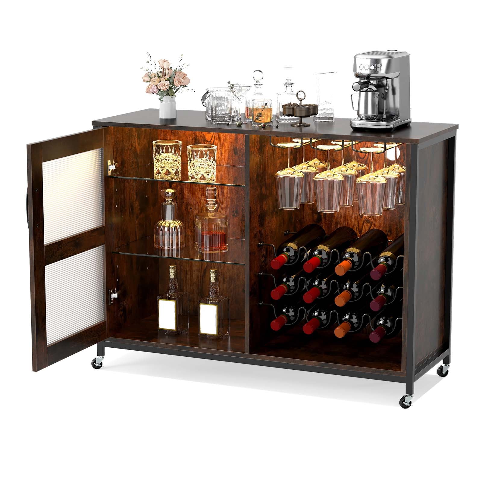 Wine Bar Cabinet with LED Light and Adjustable Shelves, Rustic Brown Wine Racks at Gallery Canada