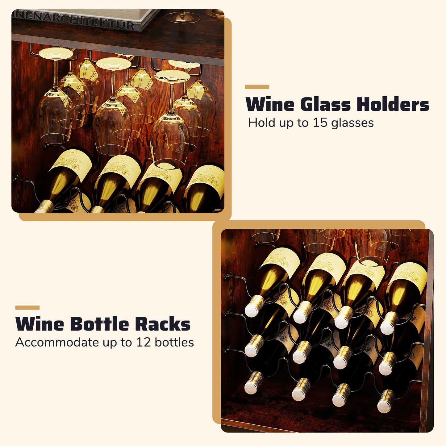 Wine Bar Cabinet with LED Light and Adjustable Shelves, Rustic Brown Wine Racks at Gallery Canada