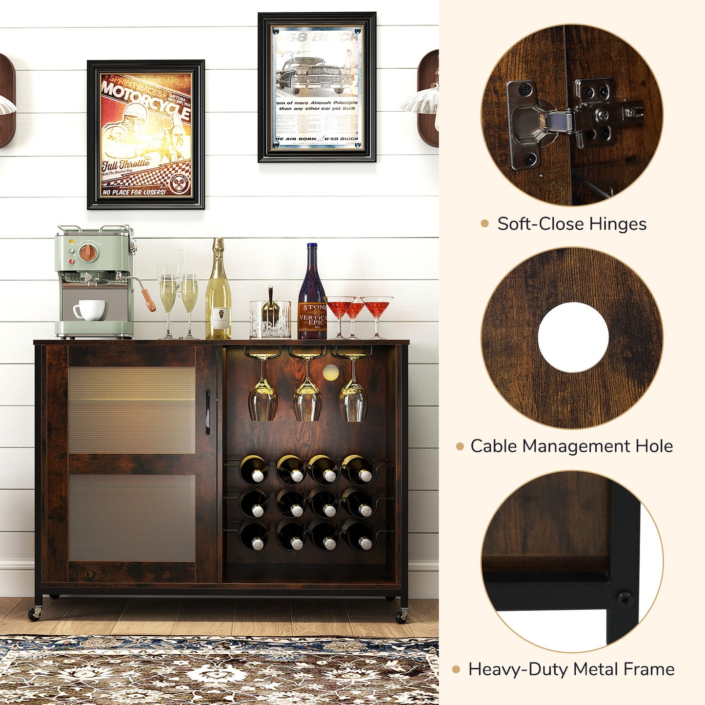 Wine Bar Cabinet with LED Light and Adjustable Shelves, Rustic Brown Wine Racks at Gallery Canada