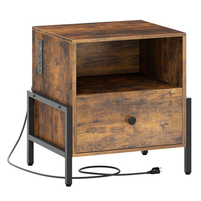 Nightstand with Charging Station and Drawer Sofa Side Table, Rustic Brown Nightstands at Gallery Canada