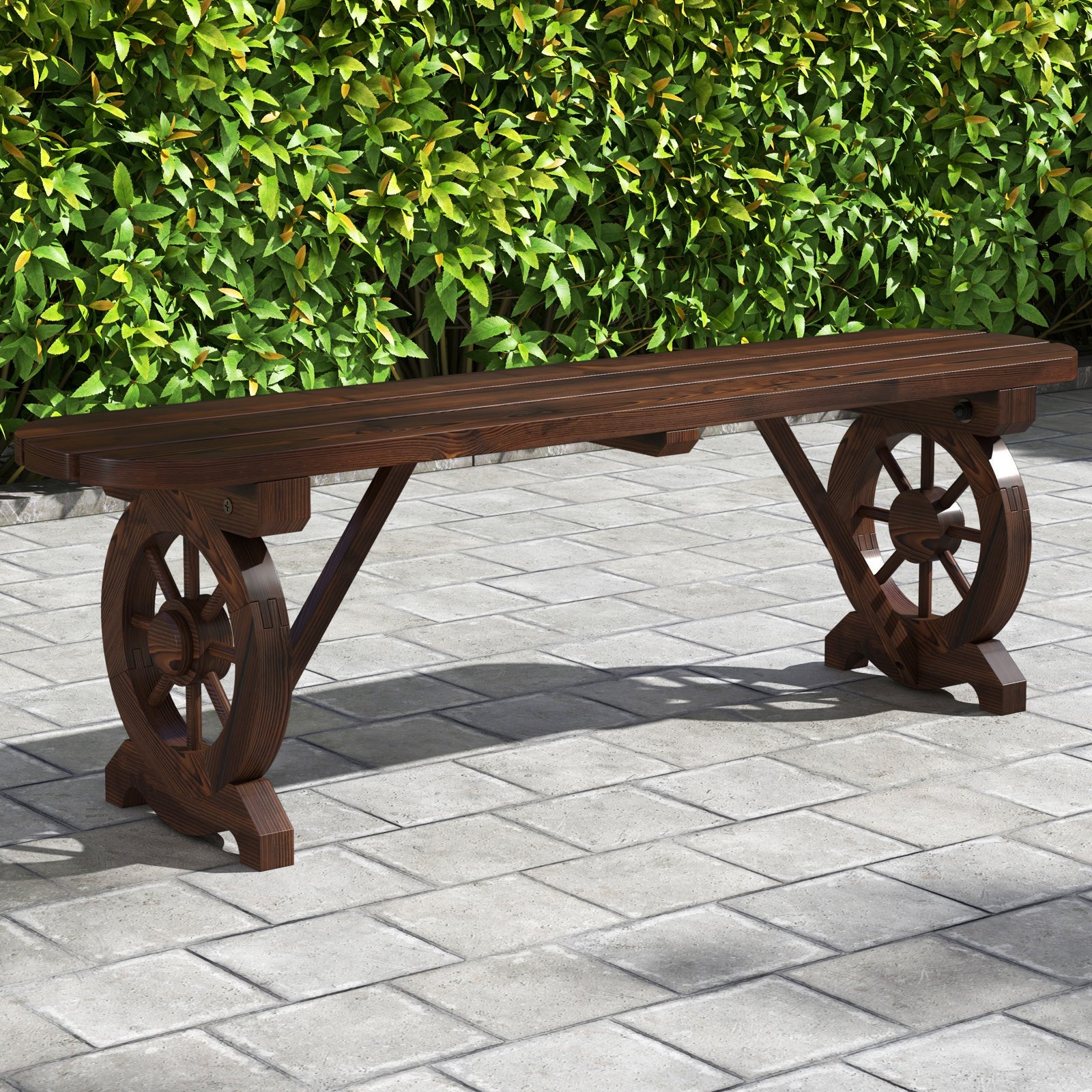 Patio Rustic Wood Bench with Wagon Wheel Base, Rustic Brown Outdoor Benches at Gallery Canada