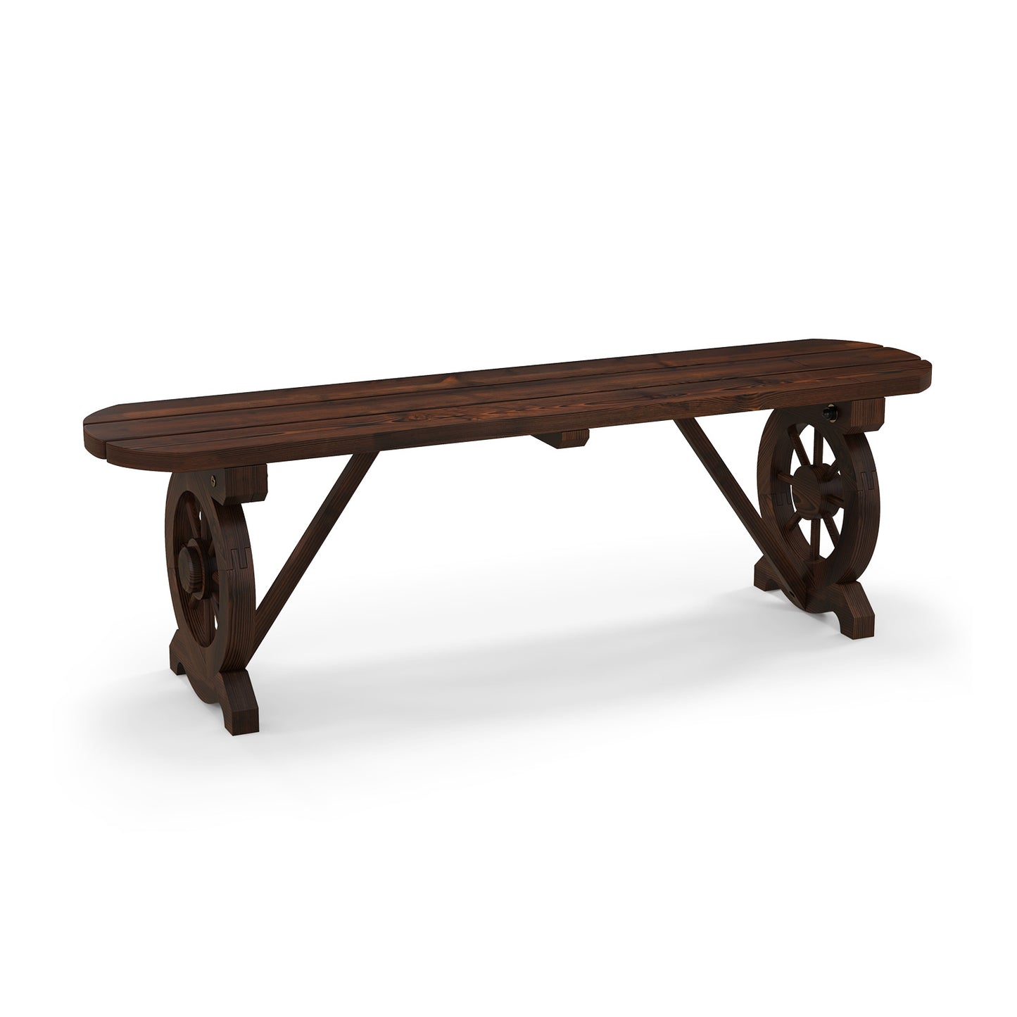 Rustic Wood Bench With Wagon Wheel Base, Rustic Brown Outdoor Benches at Gallery Canada