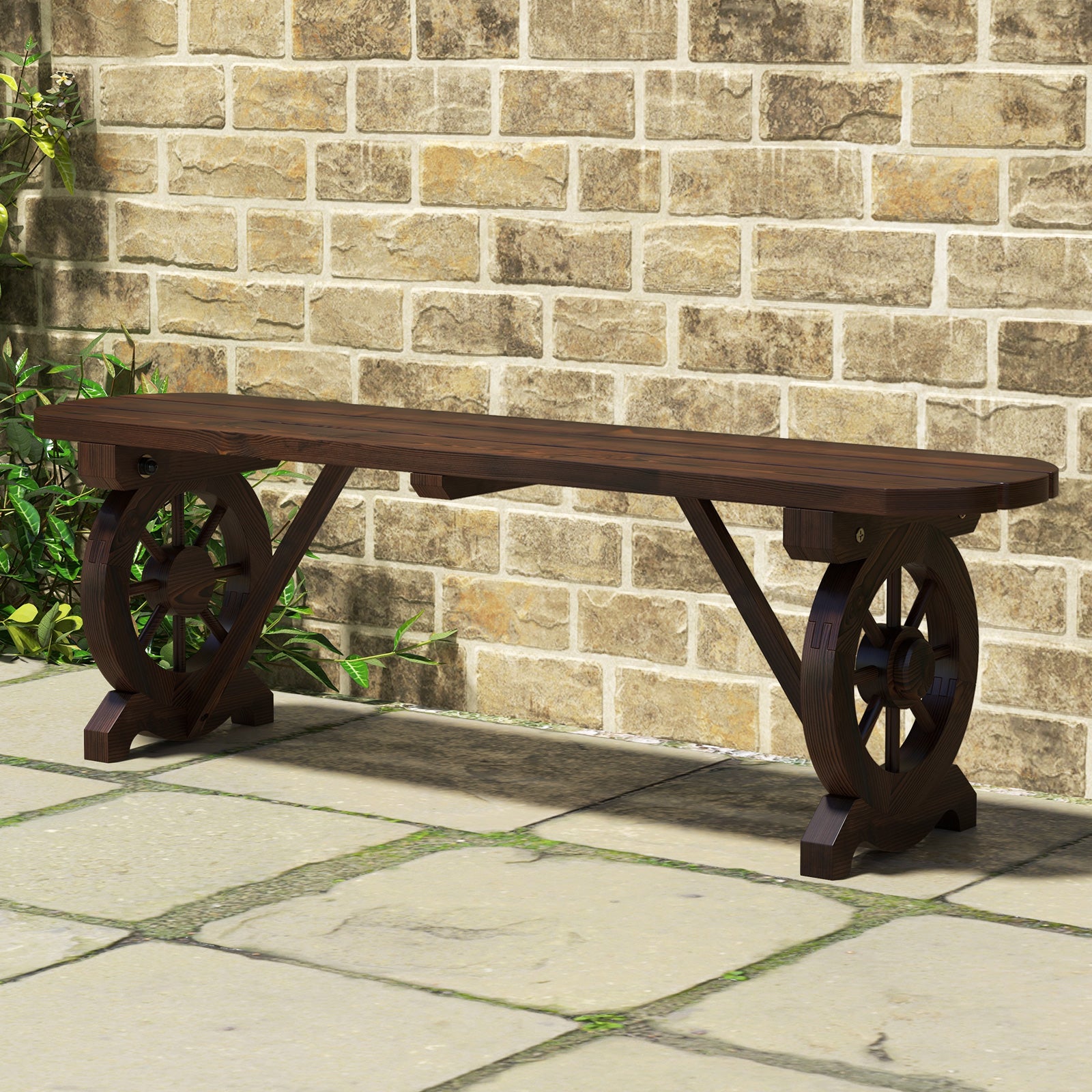 Patio Rustic Wood Bench with Wagon Wheel Base, Rustic Brown Outdoor Benches at Gallery Canada