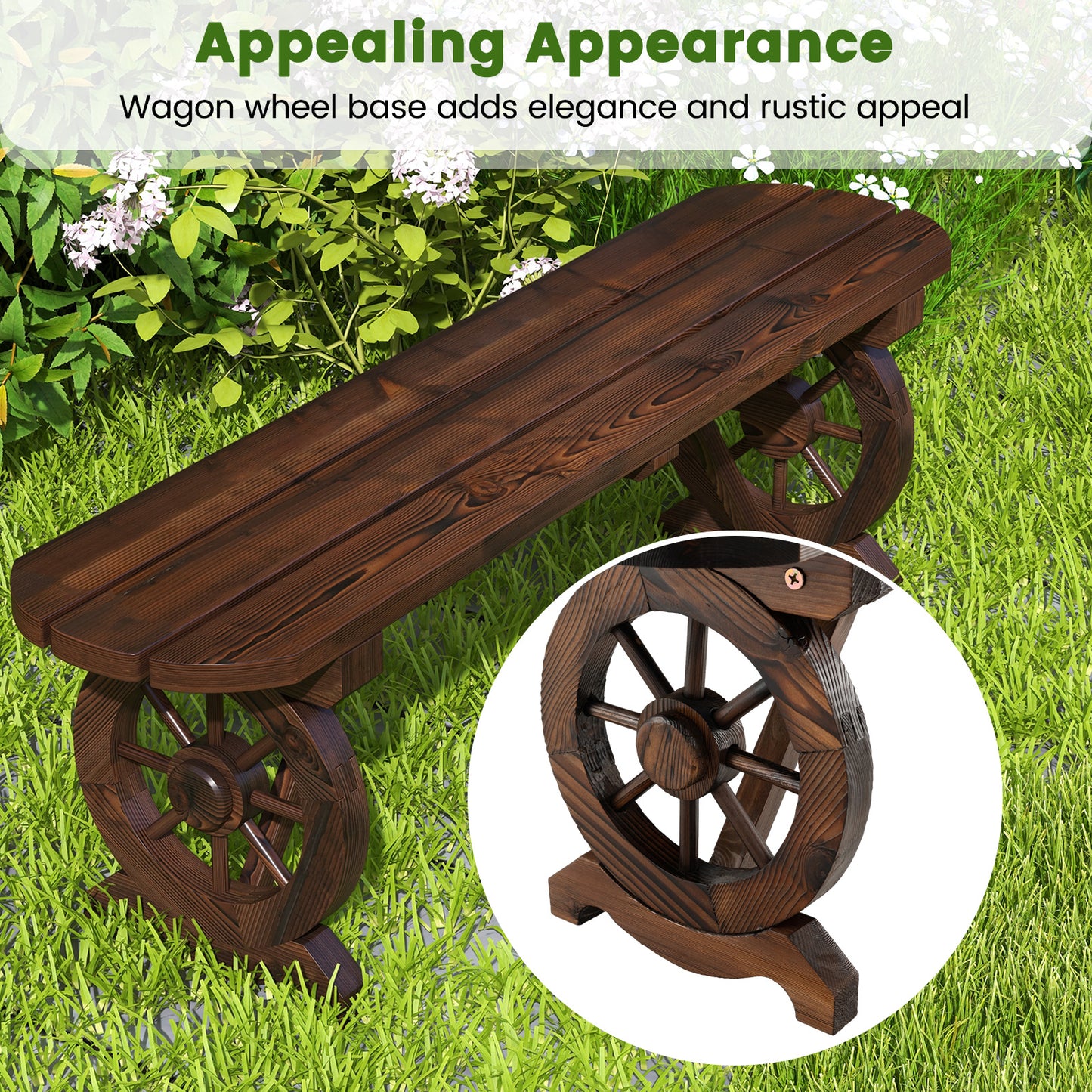 Patio Rustic Wood Bench with Wagon Wheel Base, Rustic Brown Outdoor Benches at Gallery Canada