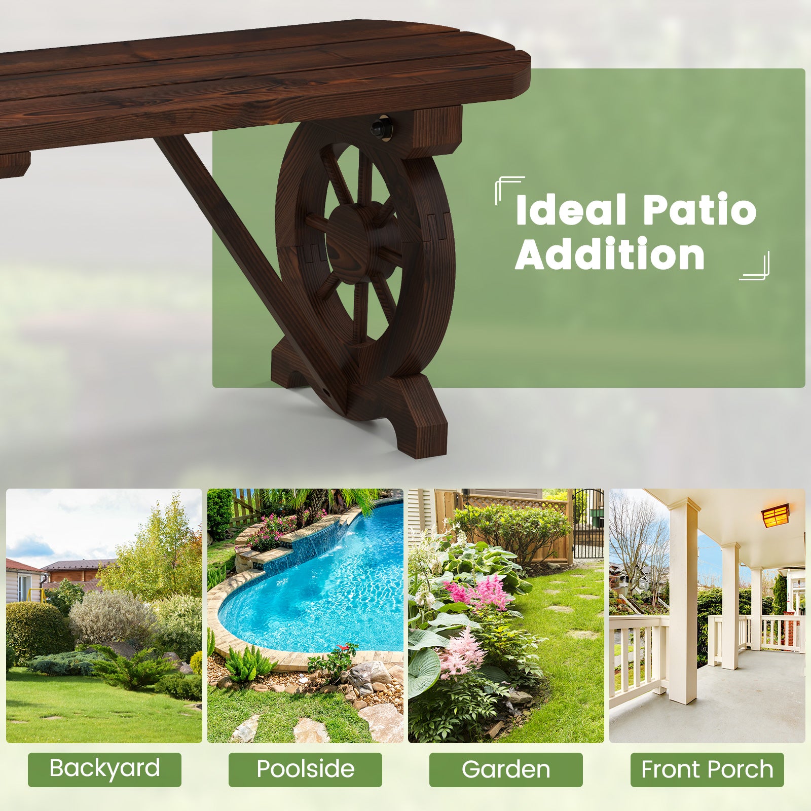 Patio Rustic Wood Bench with Wagon Wheel Base, Rustic Brown Outdoor Benches at Gallery Canada