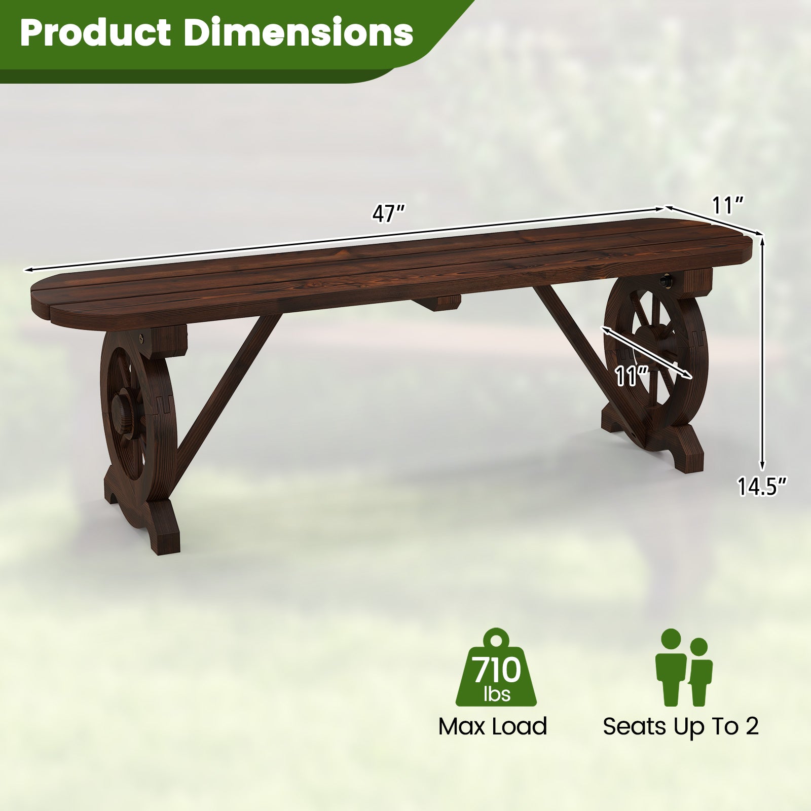 Patio Rustic Wood Bench with Wagon Wheel Base, Rustic Brown Outdoor Benches at Gallery Canada