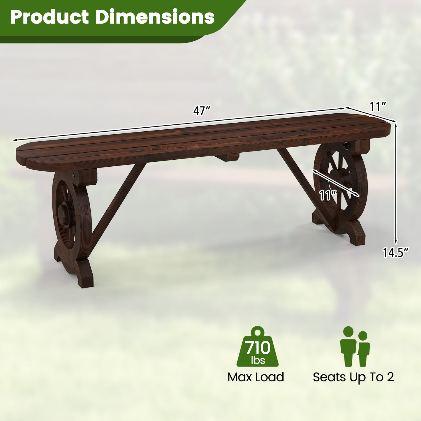Patio Rustic Wood Bench with Wagon Wheel Base, Rustic Brown Outdoor Benches at Gallery Canada