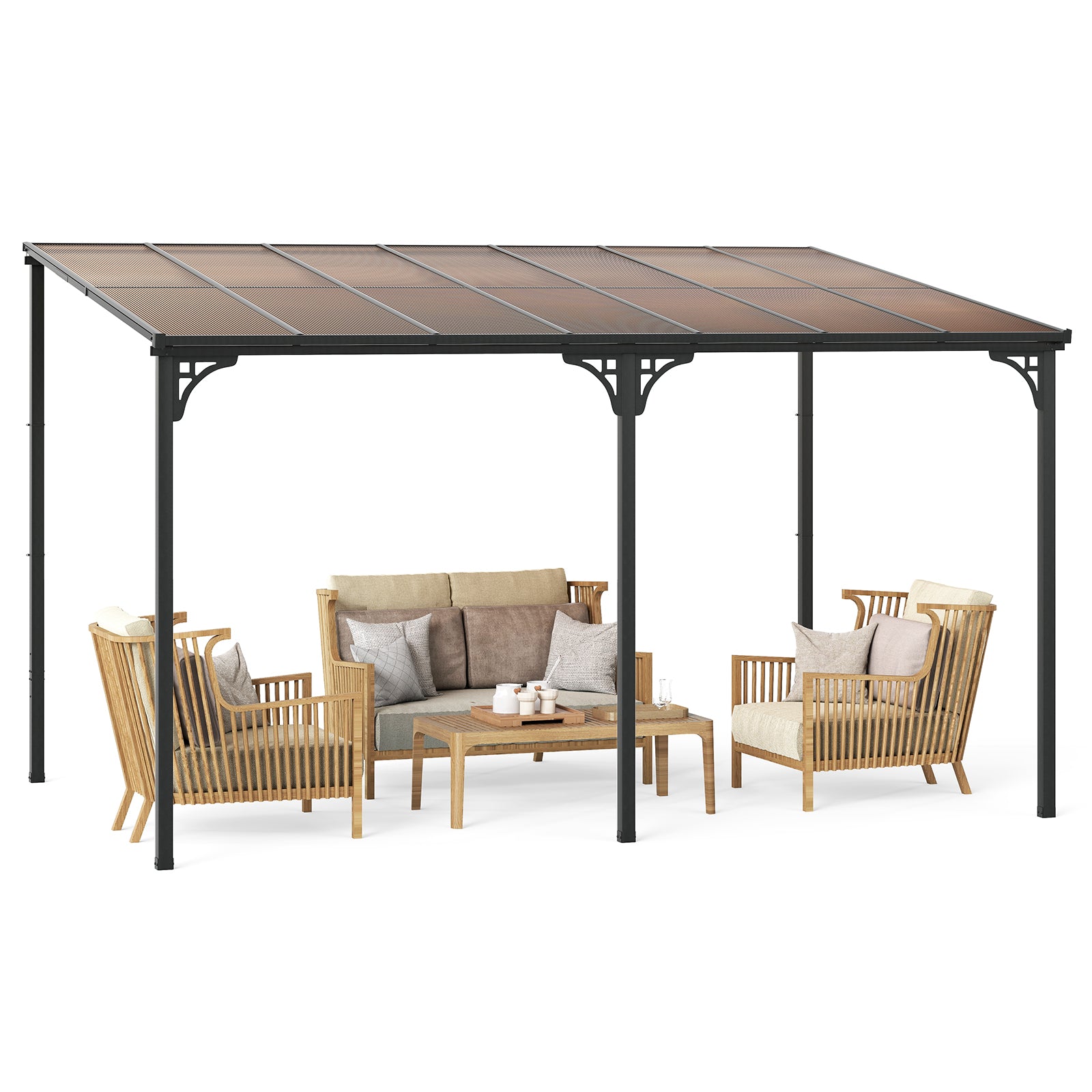 Wall-Mounted Patio Gazebo Large Outdoor Hardtop Pergola with Sloped Polycarbonate Roof, Natural Gazebos at Gallery Canada